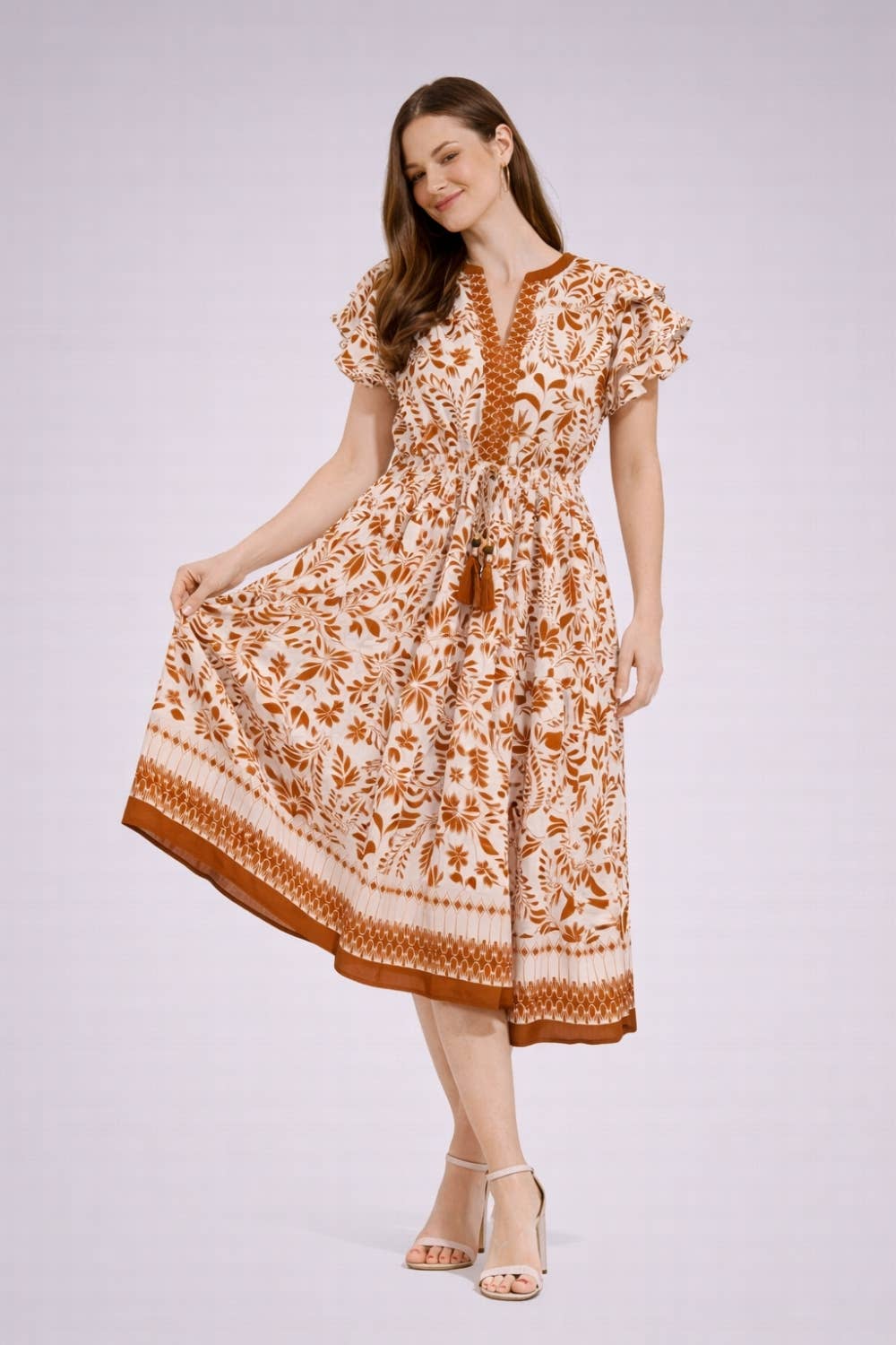 Flutter Sleeve Printed Midi Dress