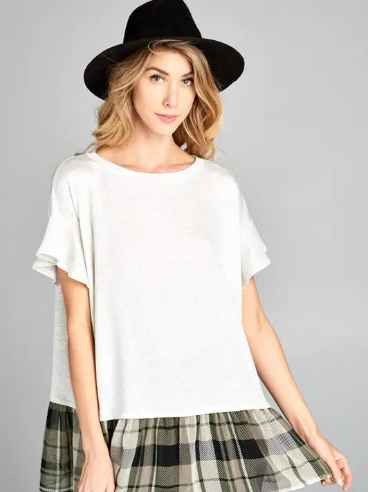 Ivory Knit Top with Plaid Hem