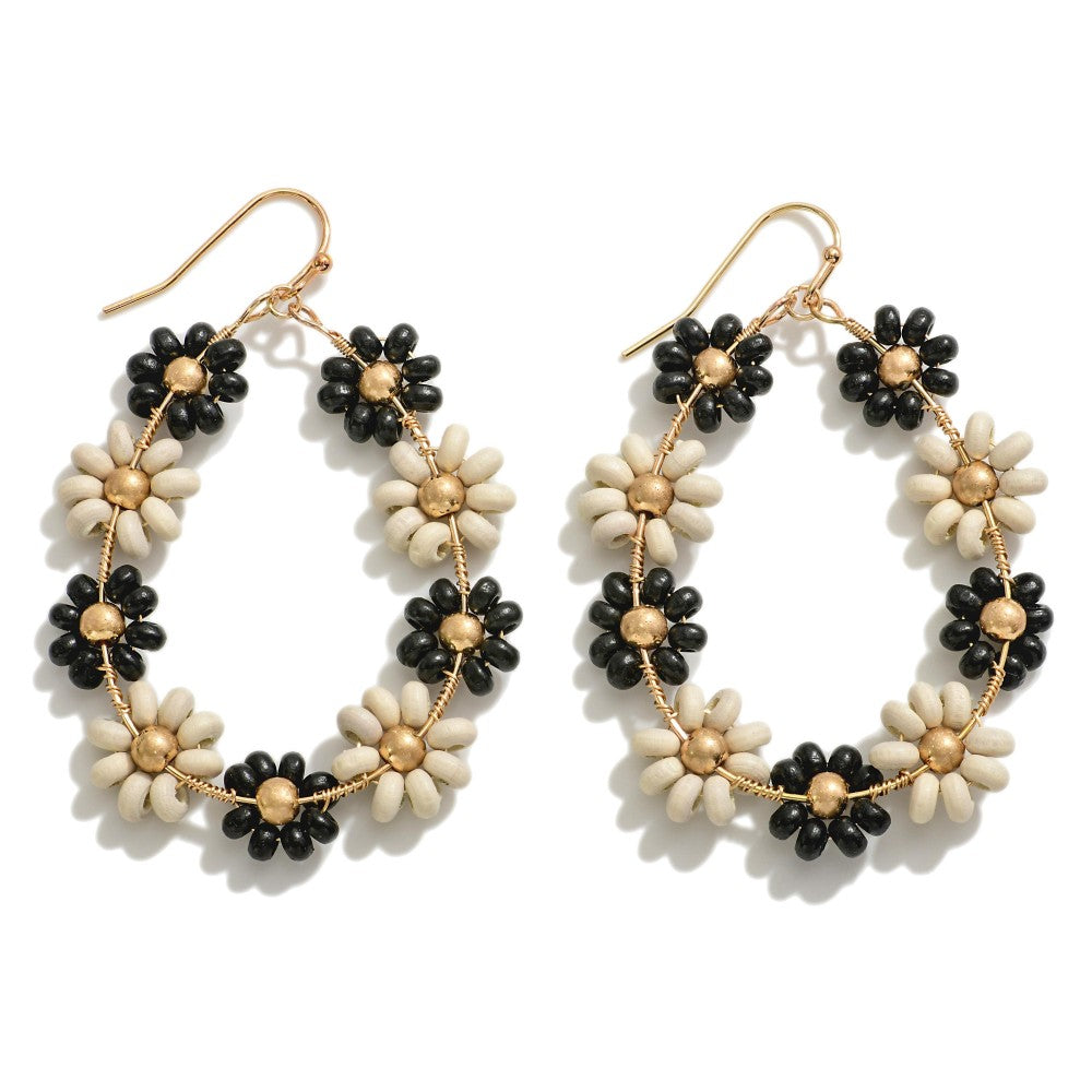 Beaded Flower Drop Earring With Gold Tone Accent