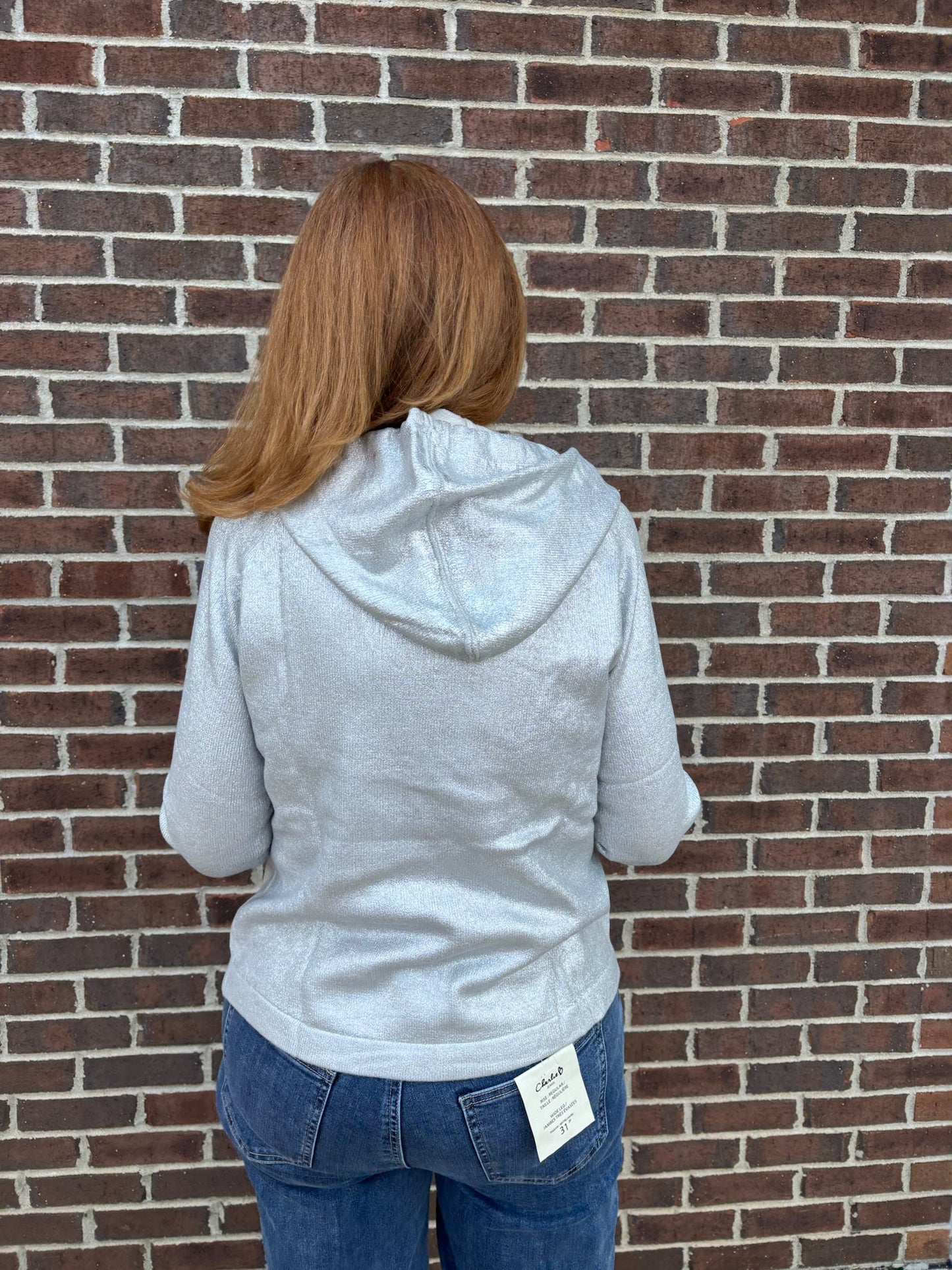 Charlie B Silver Metallic Knit Hoodie Sweater