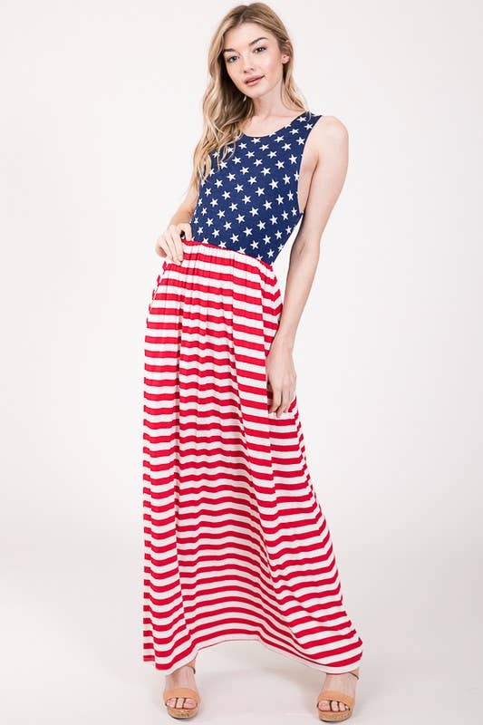 Stars and Striped Maxi Dress with Pockets