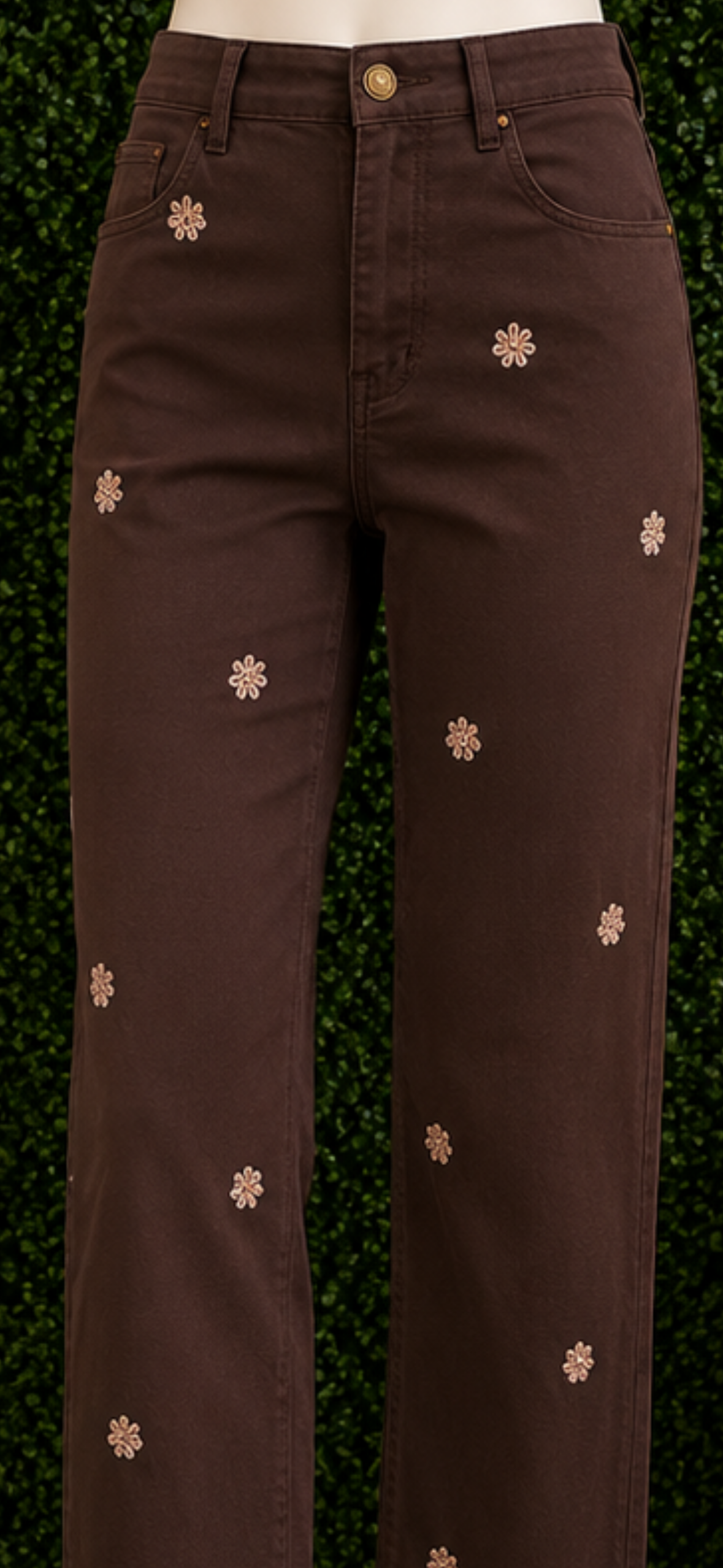 Charlie B Coffee Wide Leg Twill Pants with Front Embroidery