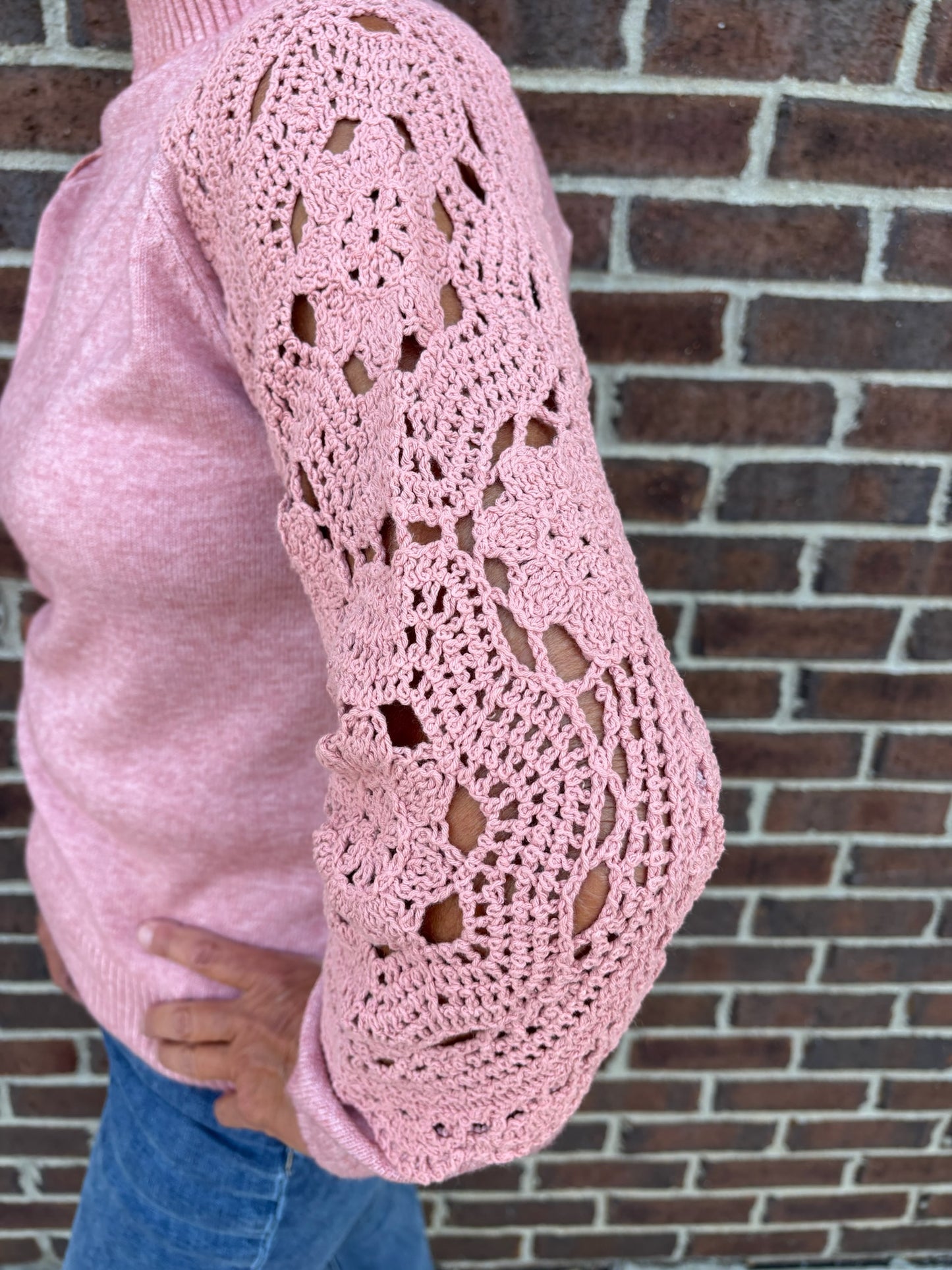 Charlie B Primrose Mock Neck Sweater With Crochet Sleeves