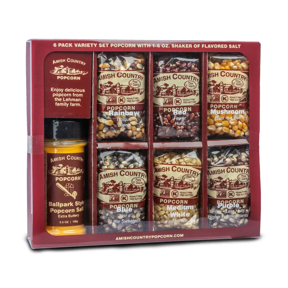 Amish Country Popcorn 6/4oz Popcorn Variety Gift Box with 5.5oz Buttersalt