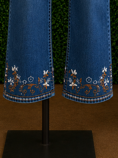Charlie B Indigo Flare Leg Denim with Slit Hem and Embroidery
