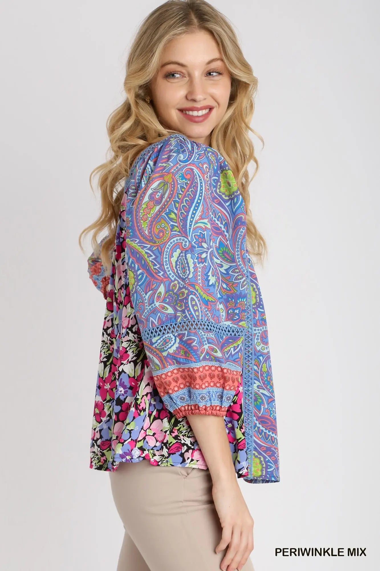 Umgee Square Neck Mixed Print Boxy Cut Top - Periwinkle