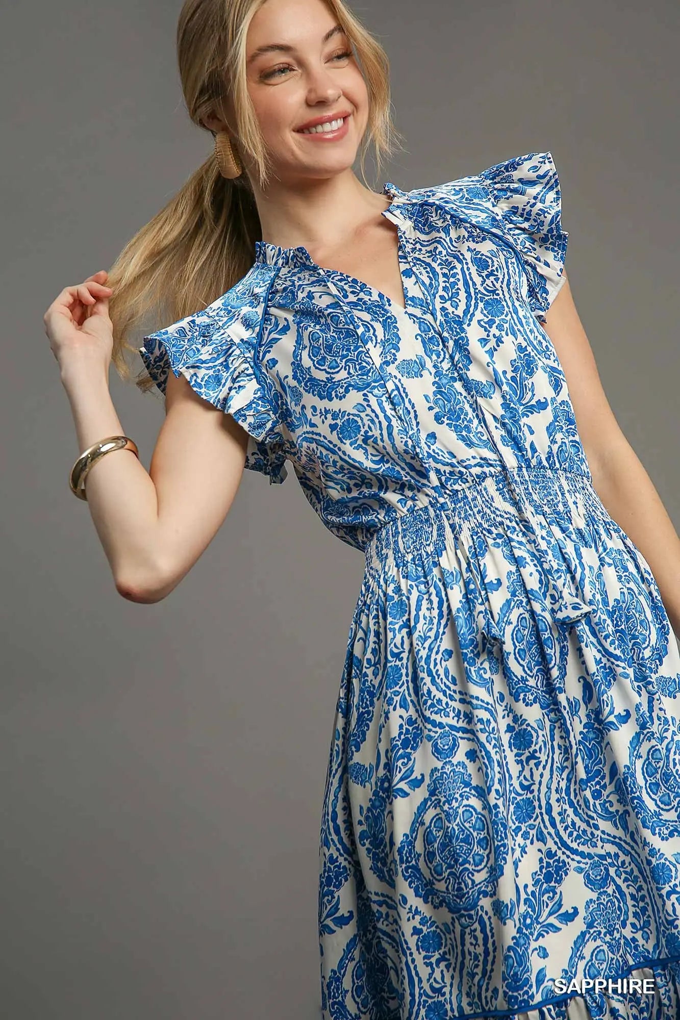 Umgee Sapphire Two Tone Paisley Print Midi Dress