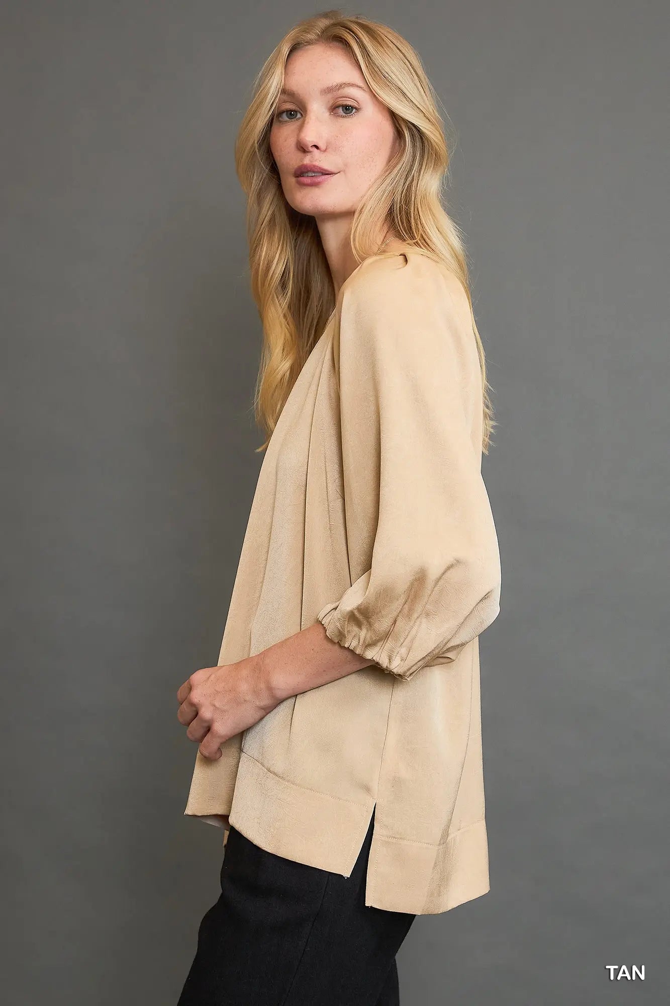Umgee Tan Crinkled Satin Top