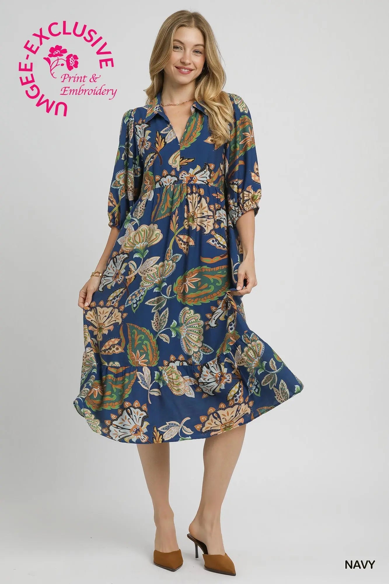 Umgee Boho Paisley Tiered Midi Dress - Navy