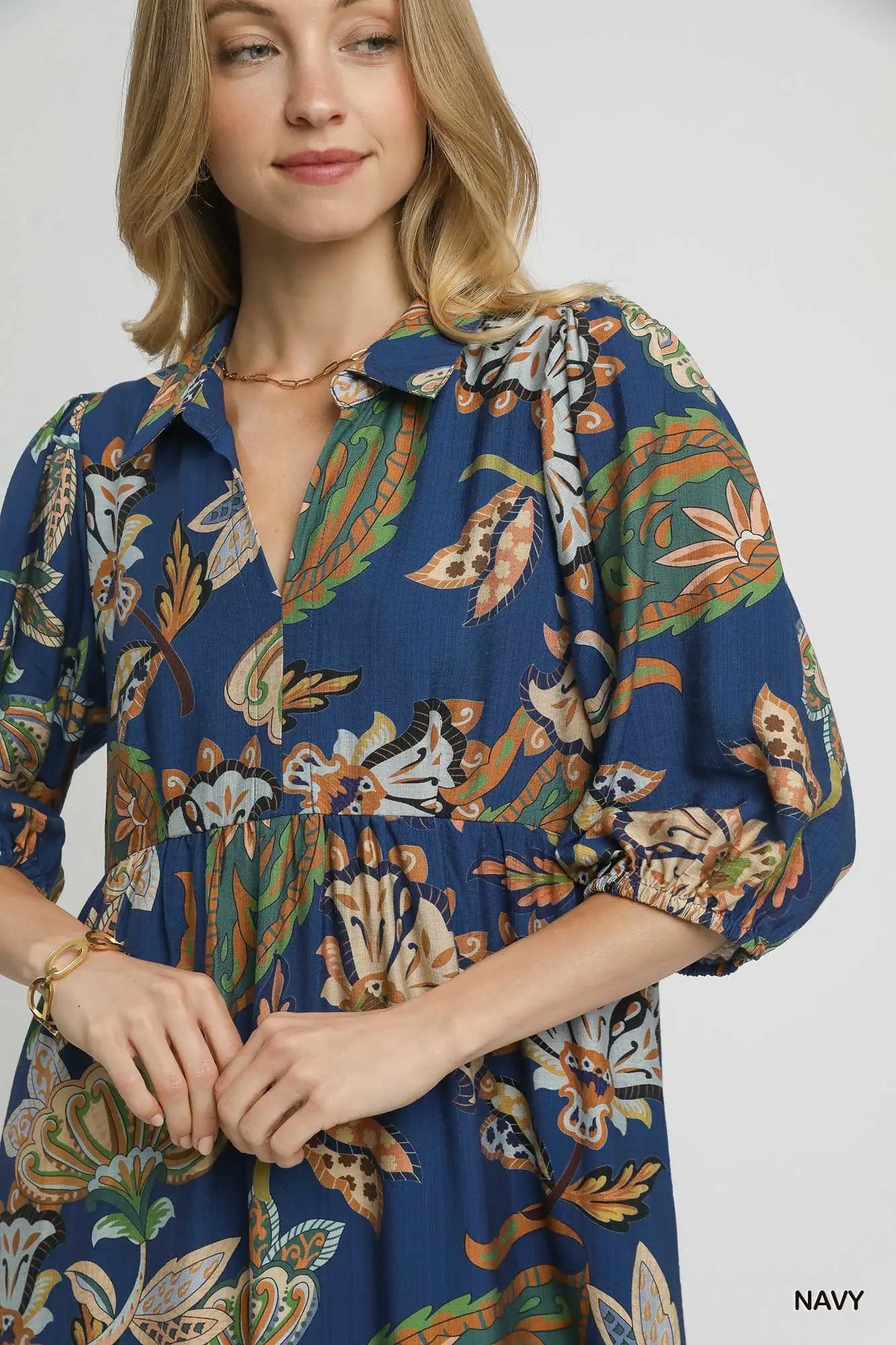 Umgee Boho Paisley Tiered Midi Dress - Navy