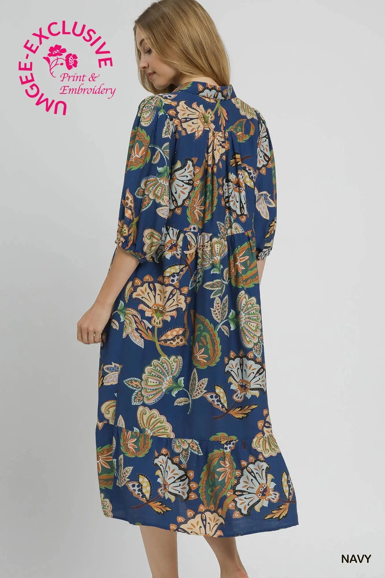 Umgee Boho Paisley Tiered Midi Dress - Navy