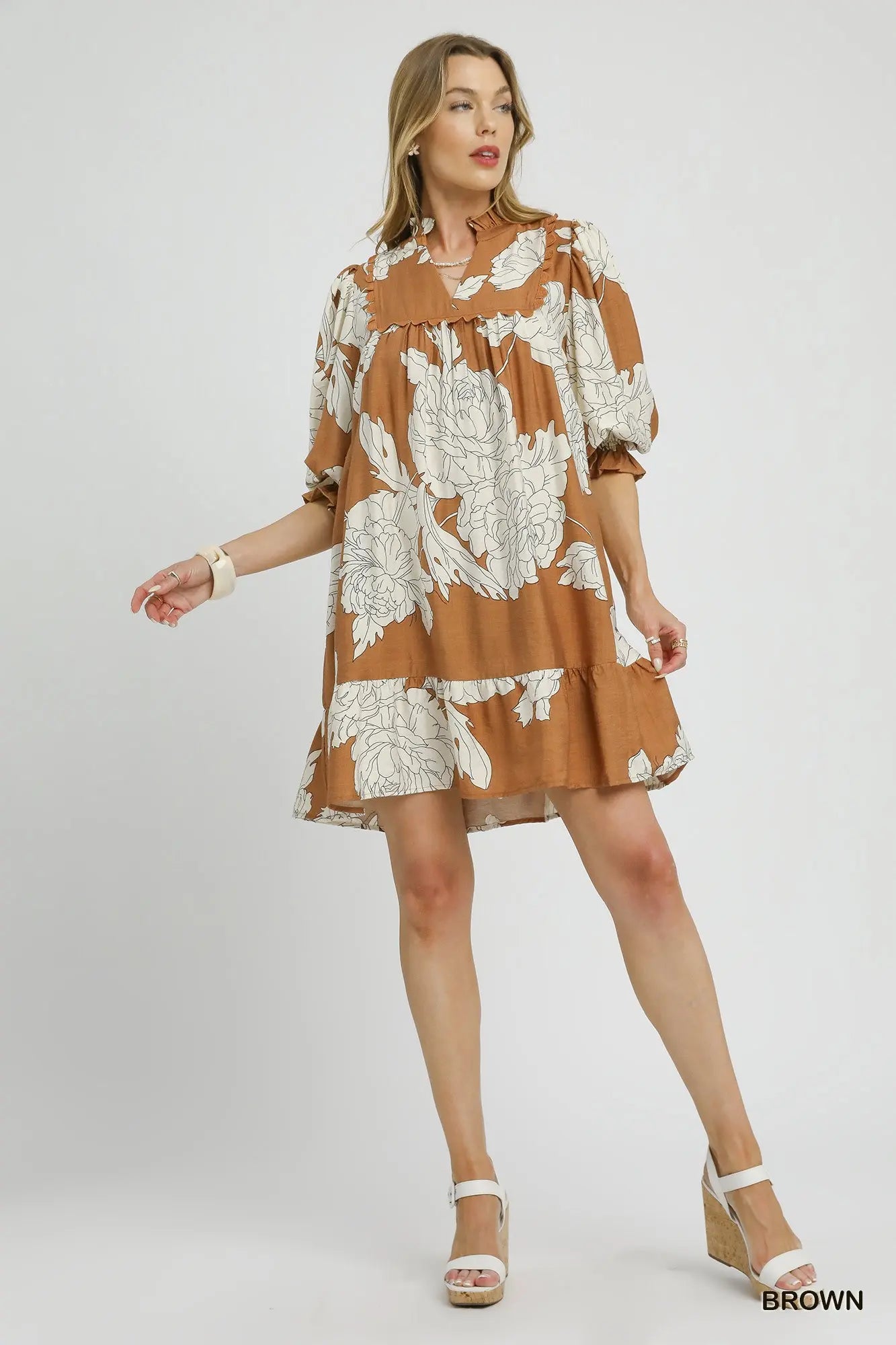 Umgee Floral Tiered Babydoll Dress - Brown