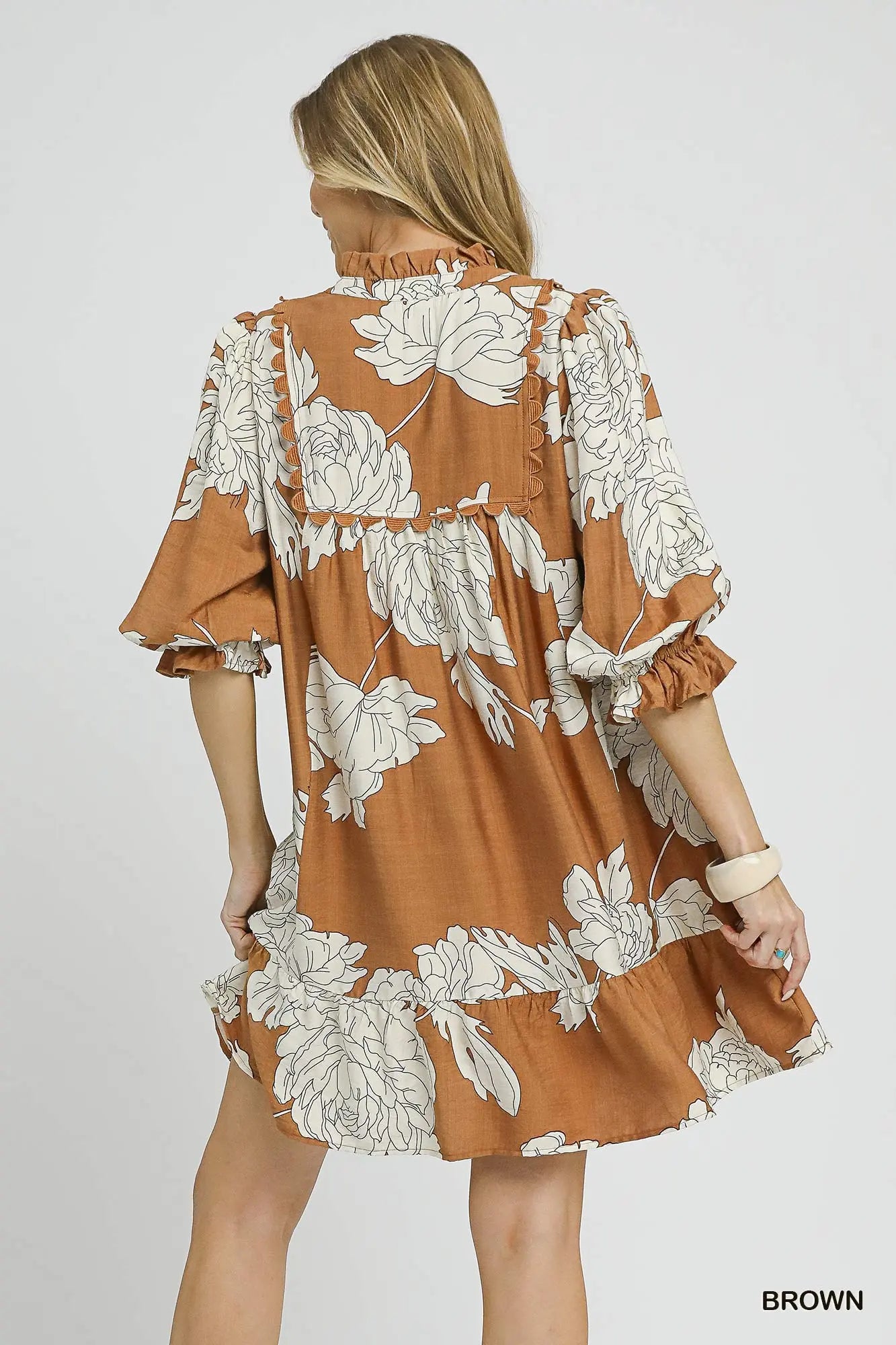Umgee Floral Tiered Babydoll Dress - Brown