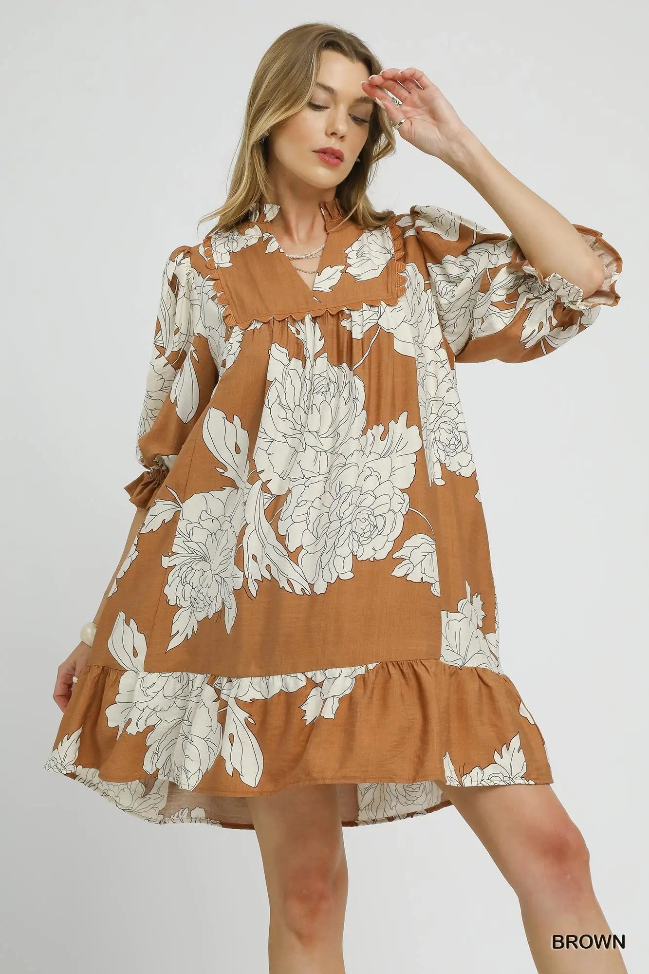 Umgee Floral Tiered Babydoll Dress - Brown