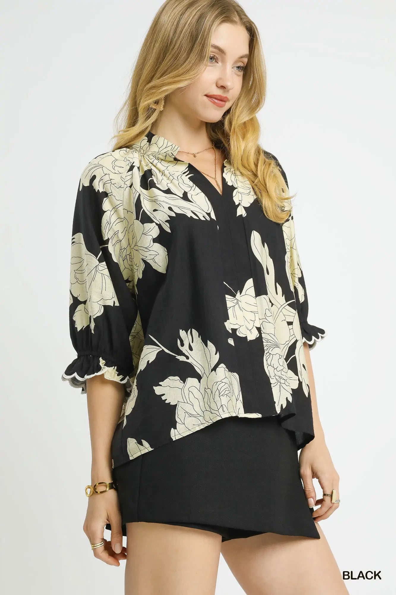 Umgee Peony Print High Neck Top - Black