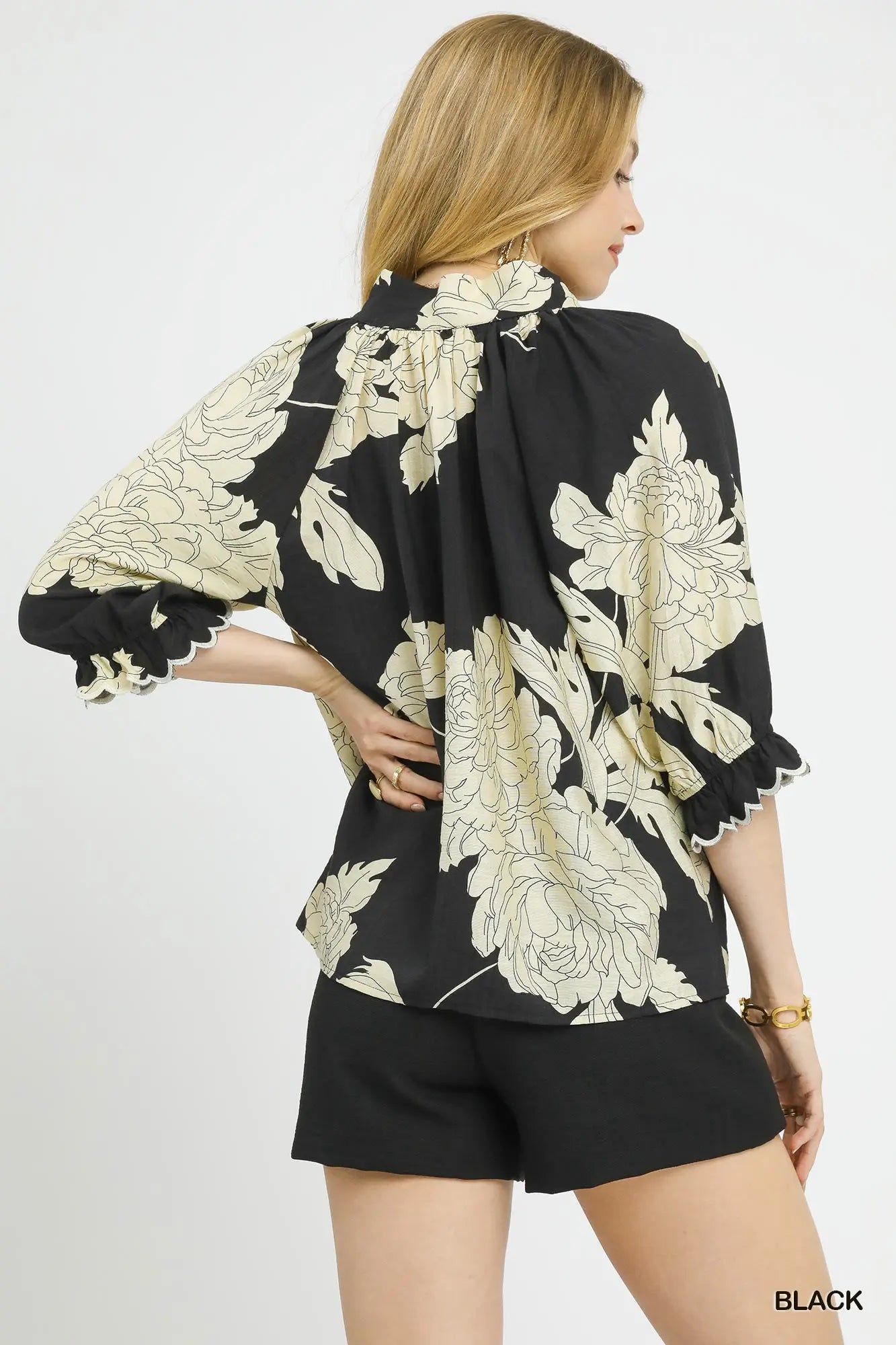 Umgee Peony Print High Neck Top - Black