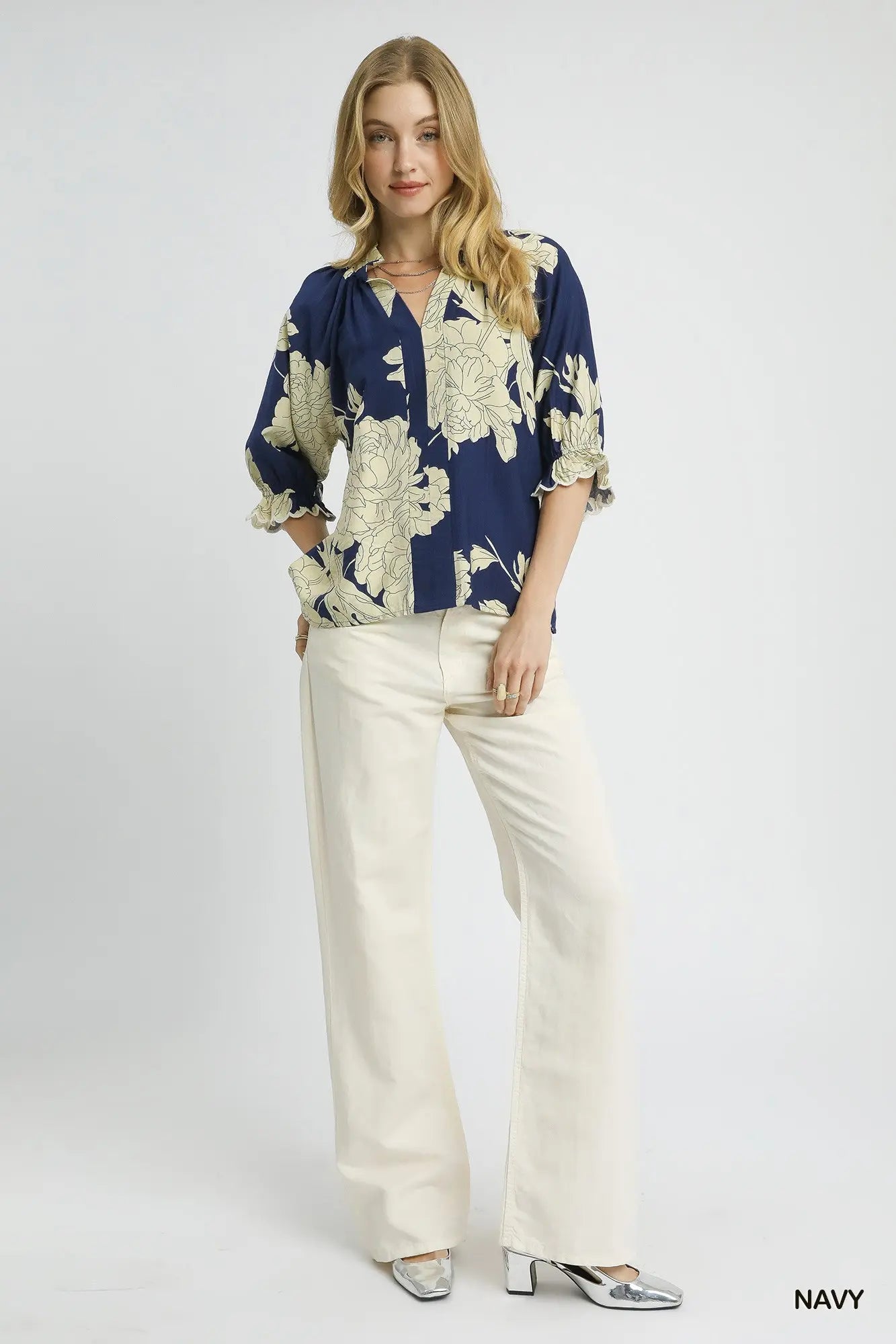 Umgee Peony Print High Neck Top - Navy