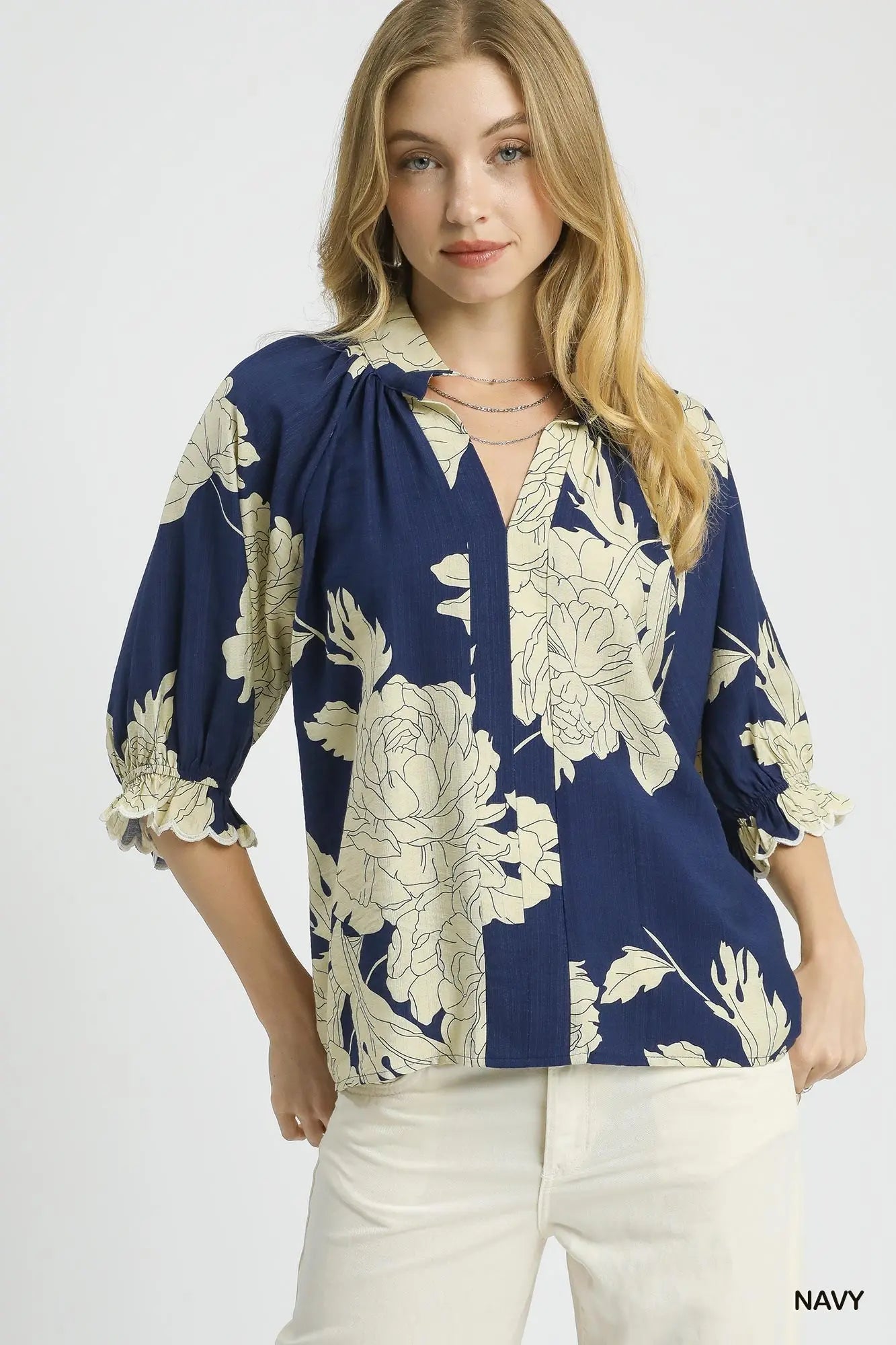 Umgee Peony Print High Neck Top - Navy