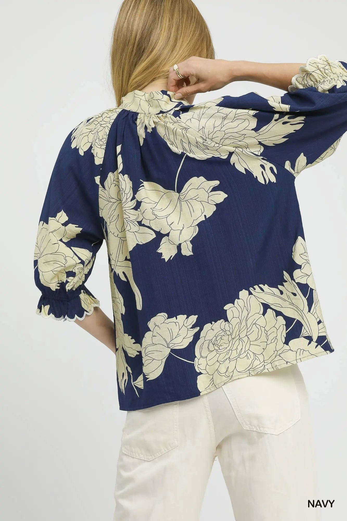 Umgee Peony Print High Neck Top - Navy