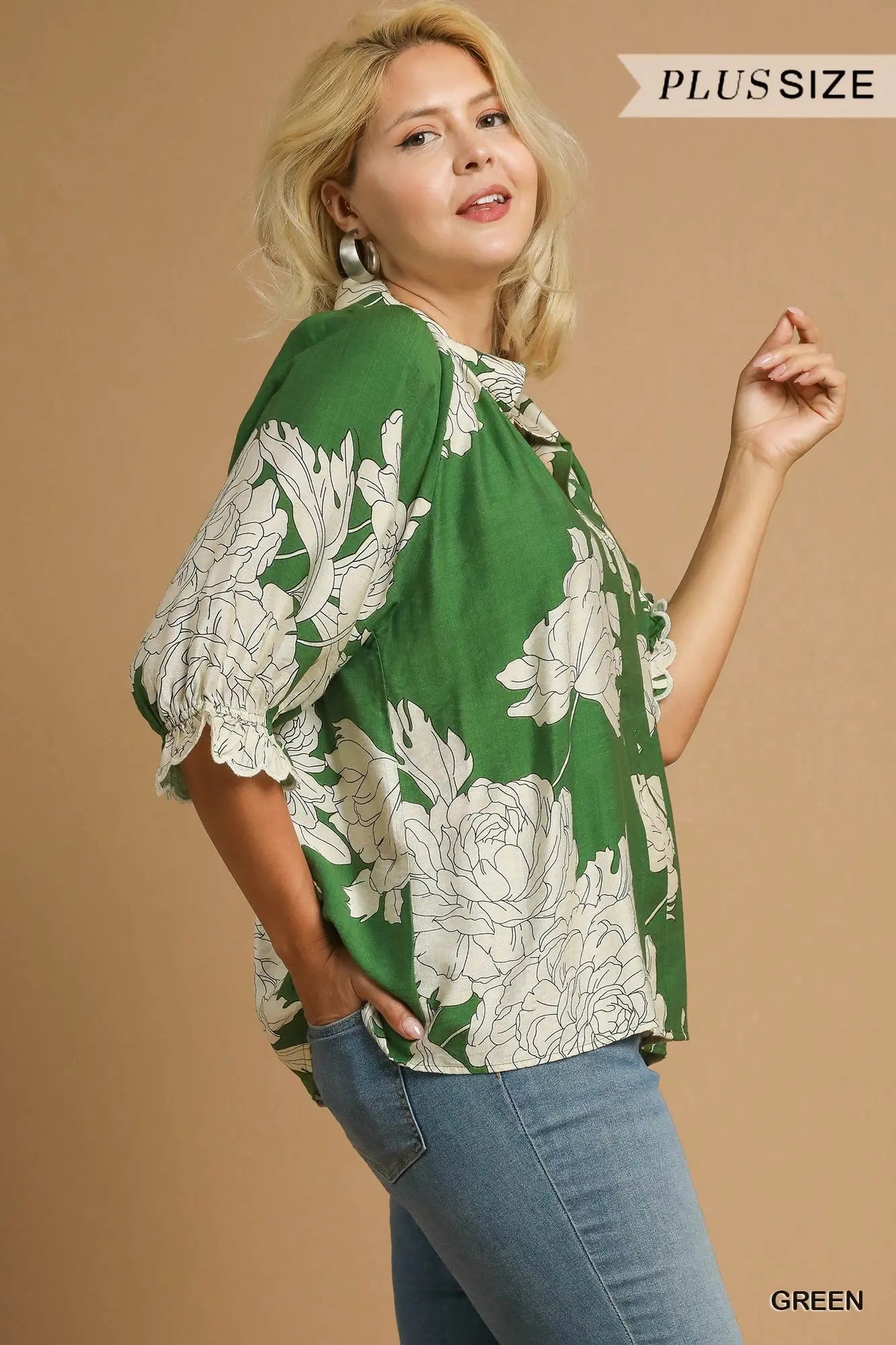 Umgee Peony Print High Neck Top - Green