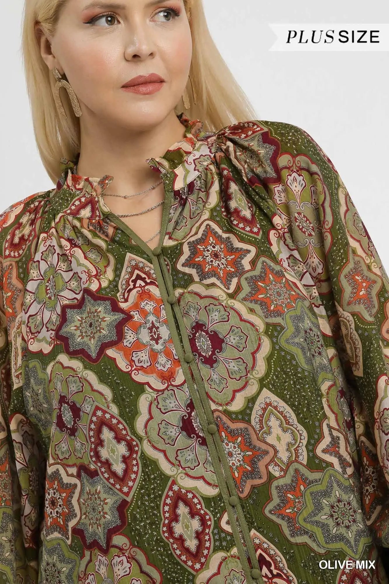 Umgee Boho Mosaic Print Button Down Blouse - Olive