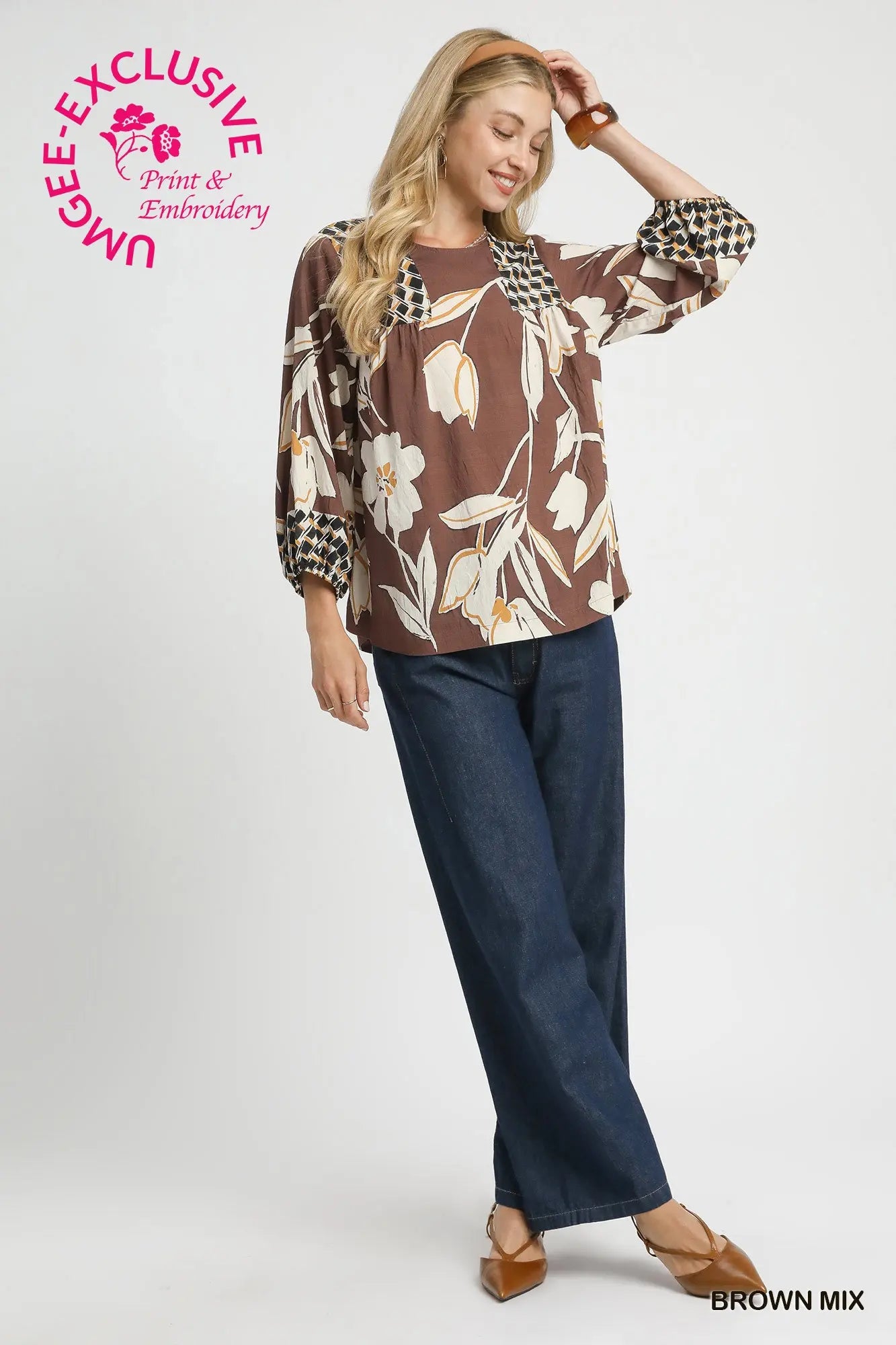 Mix Floral Print Blouse with Contrast Yoke - Brown