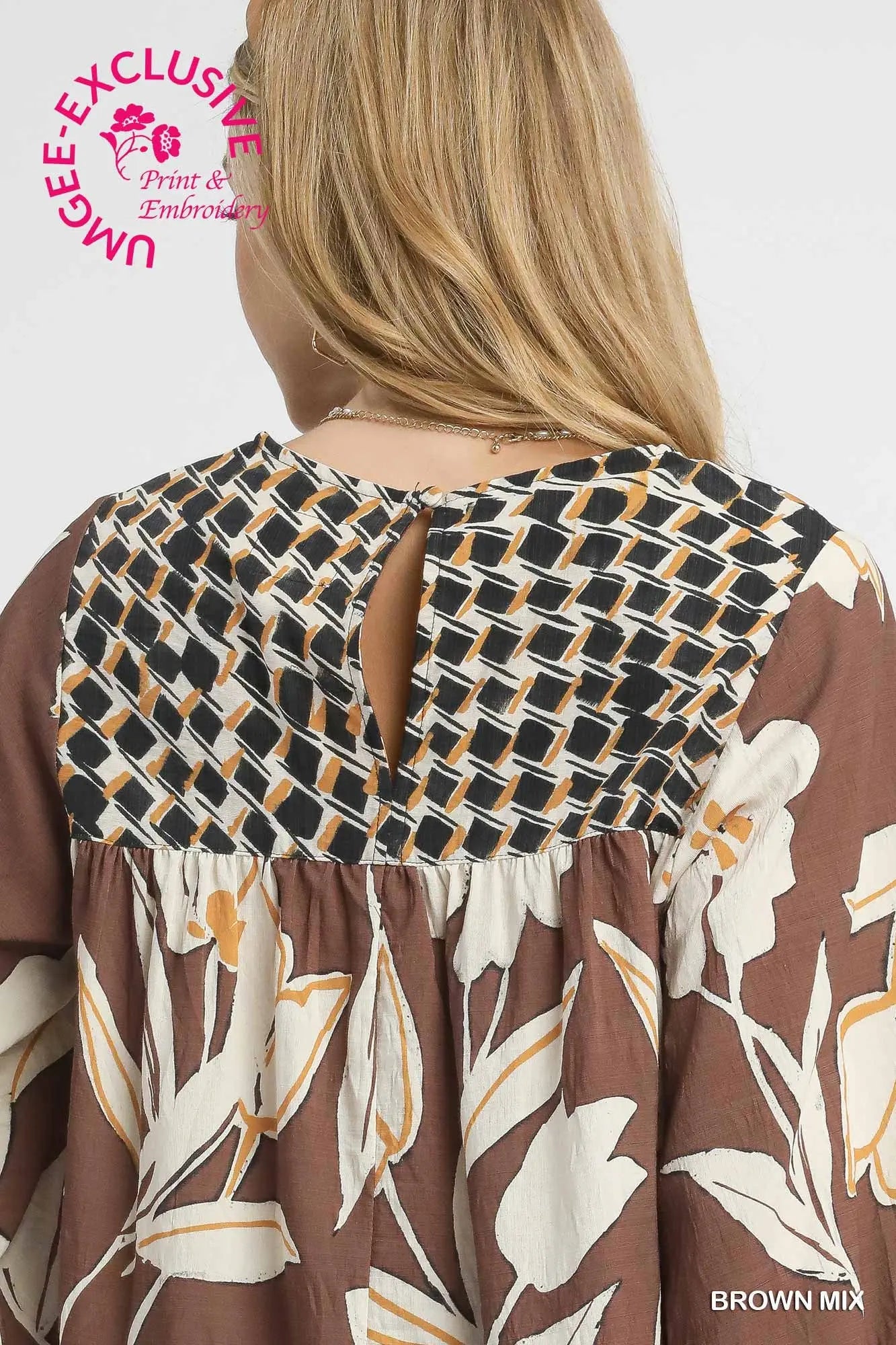 Mix Floral Print Blouse with Contrast Yoke - Brown