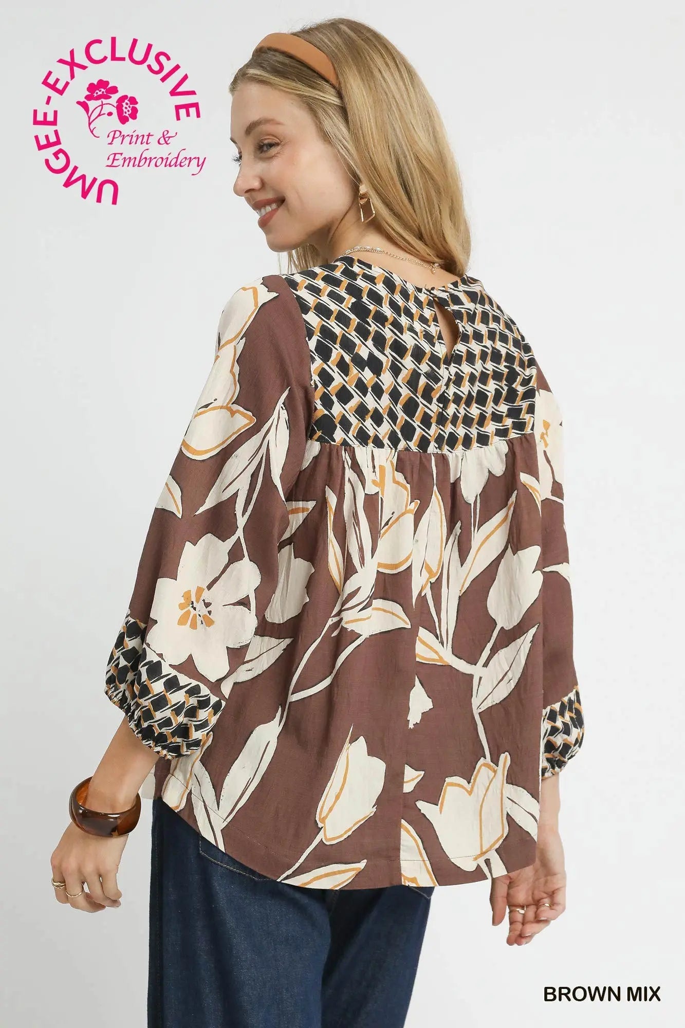 Mix Floral Print Blouse with Contrast Yoke - Brown
