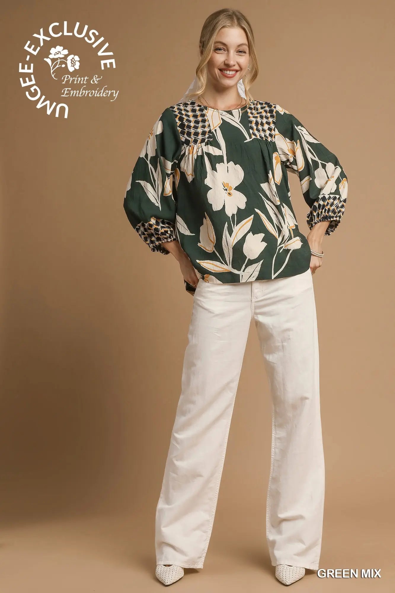 Mix Floral Print Blouse with Contrast Yoke - Green