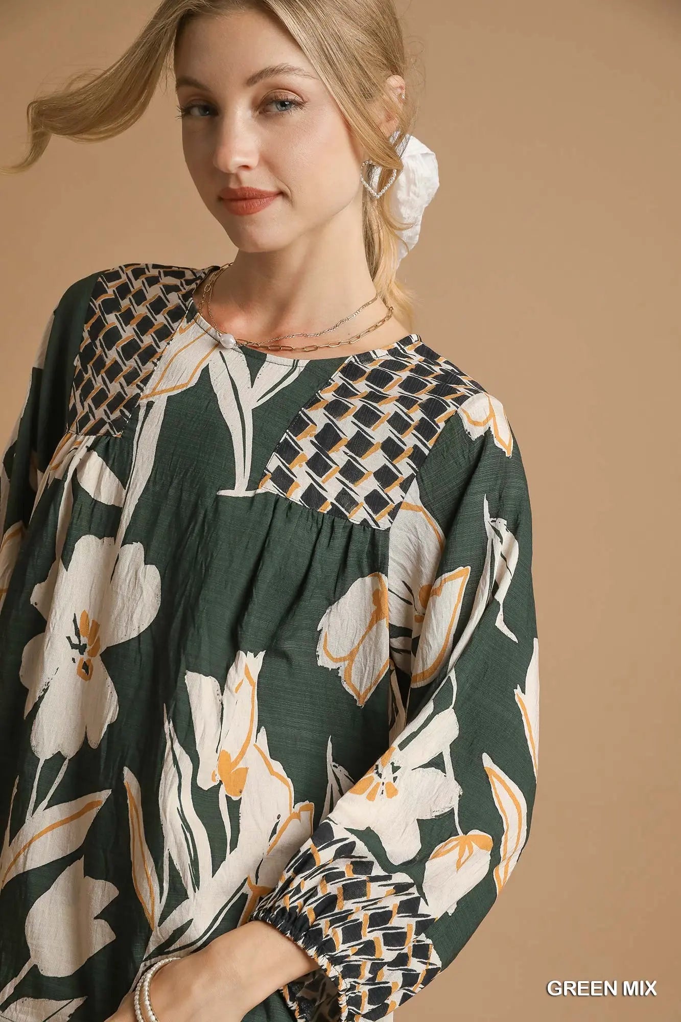 Mix Floral Print Blouse with Contrast Yoke - Green