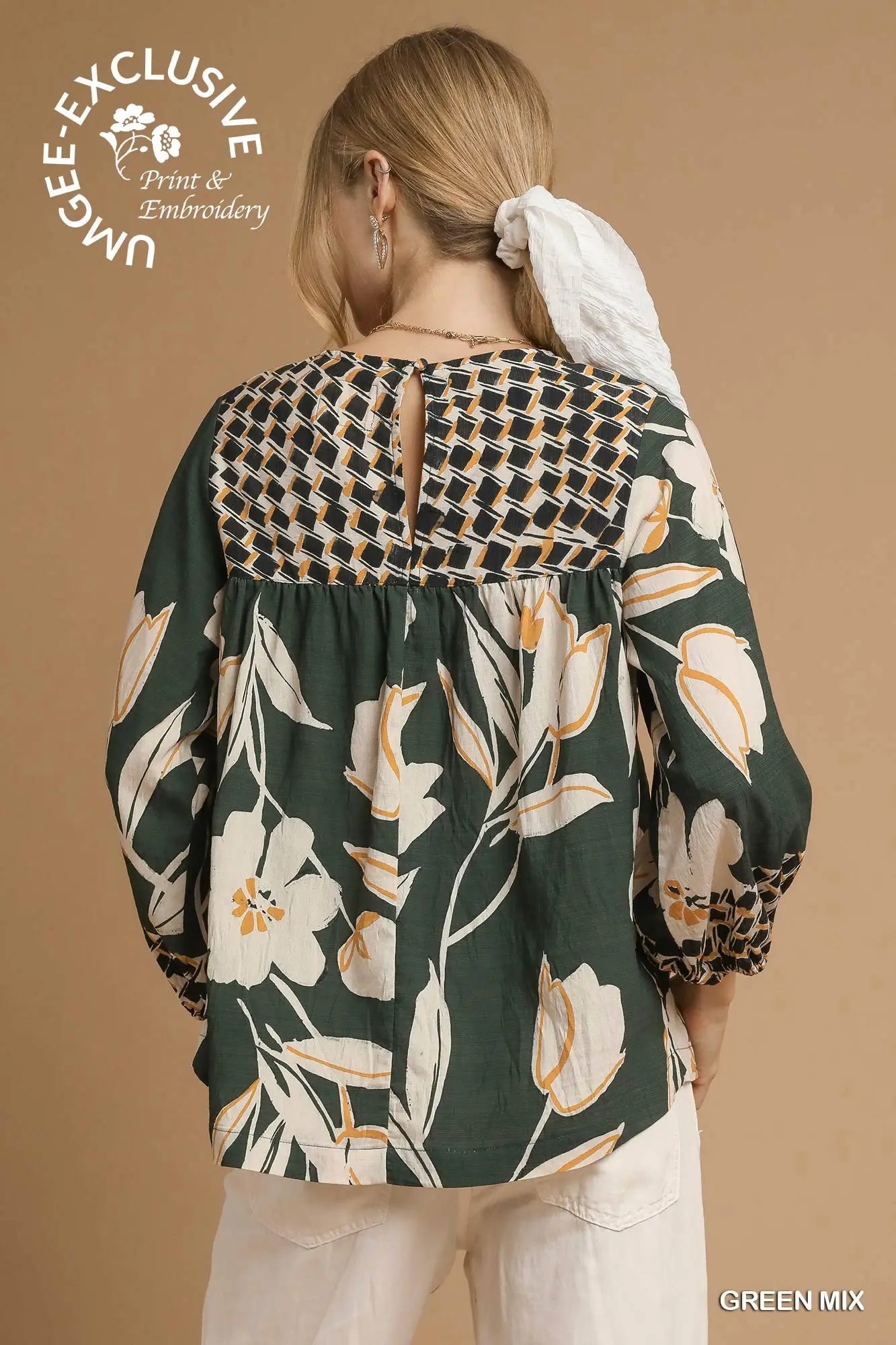 Mix Floral Print Blouse with Contrast Yoke - Green