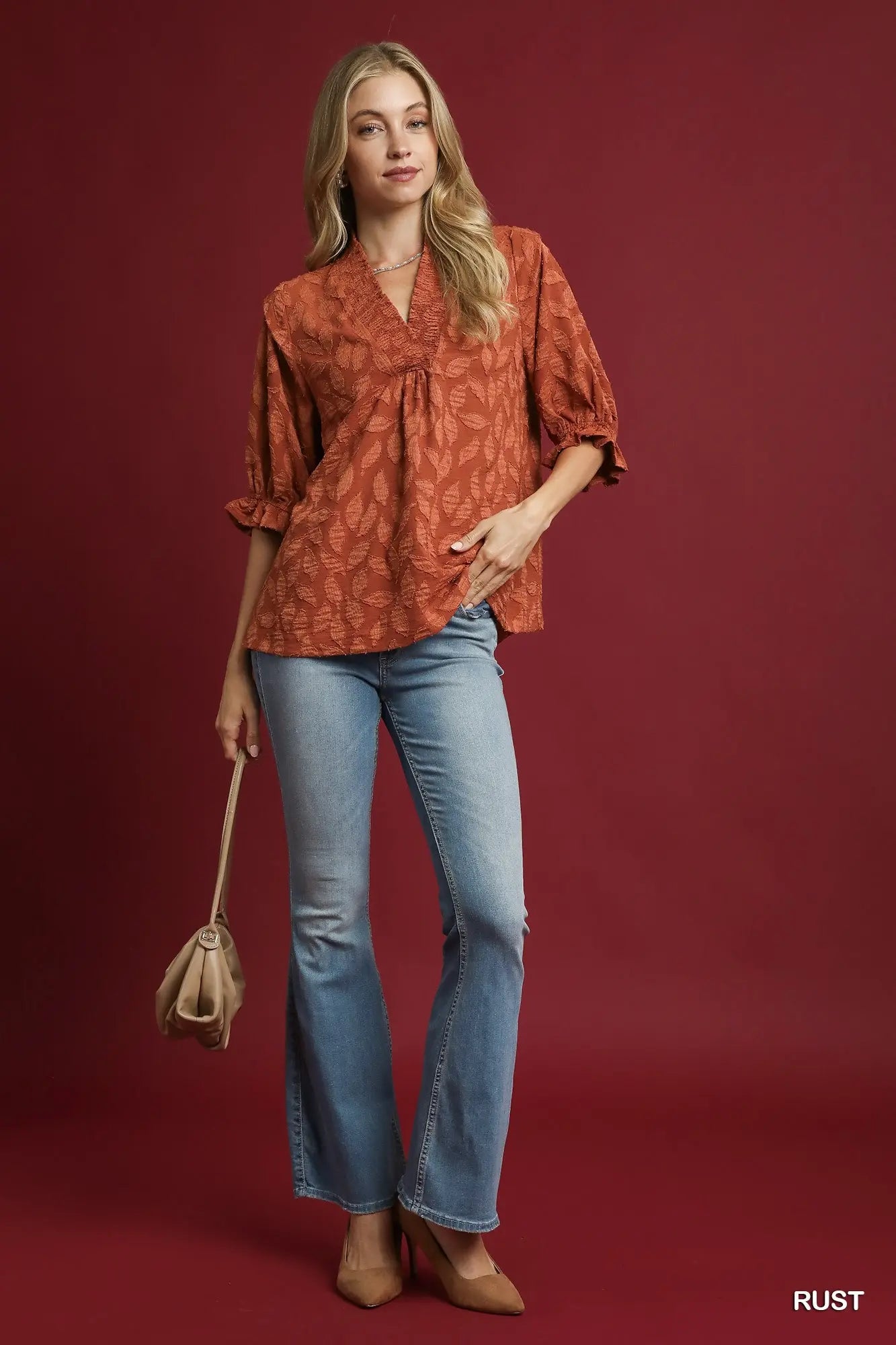 Umgee Floral Jacquard V-Neck Top - rust