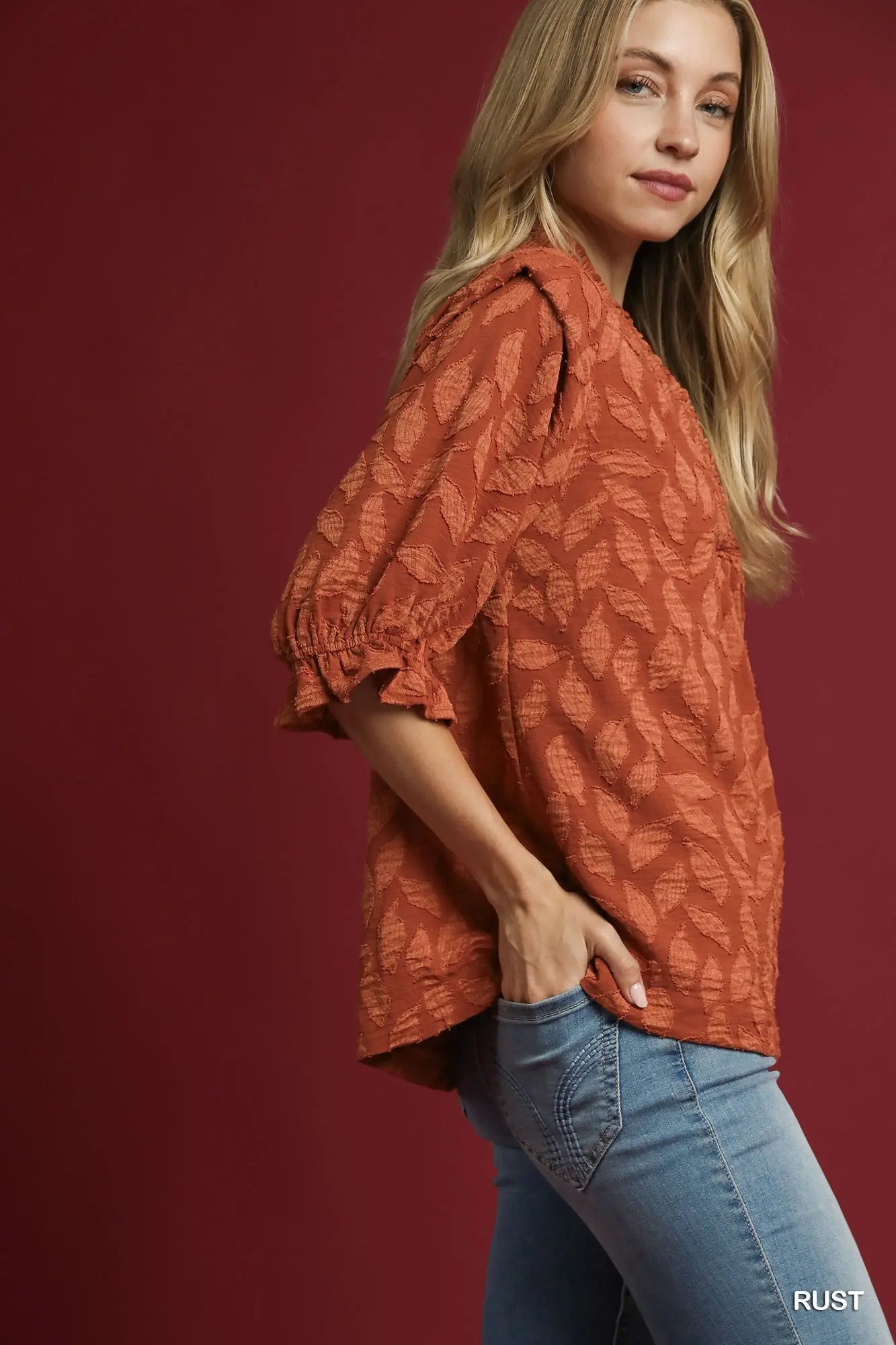 Umgee Floral Jacquard V-Neck Top - rust