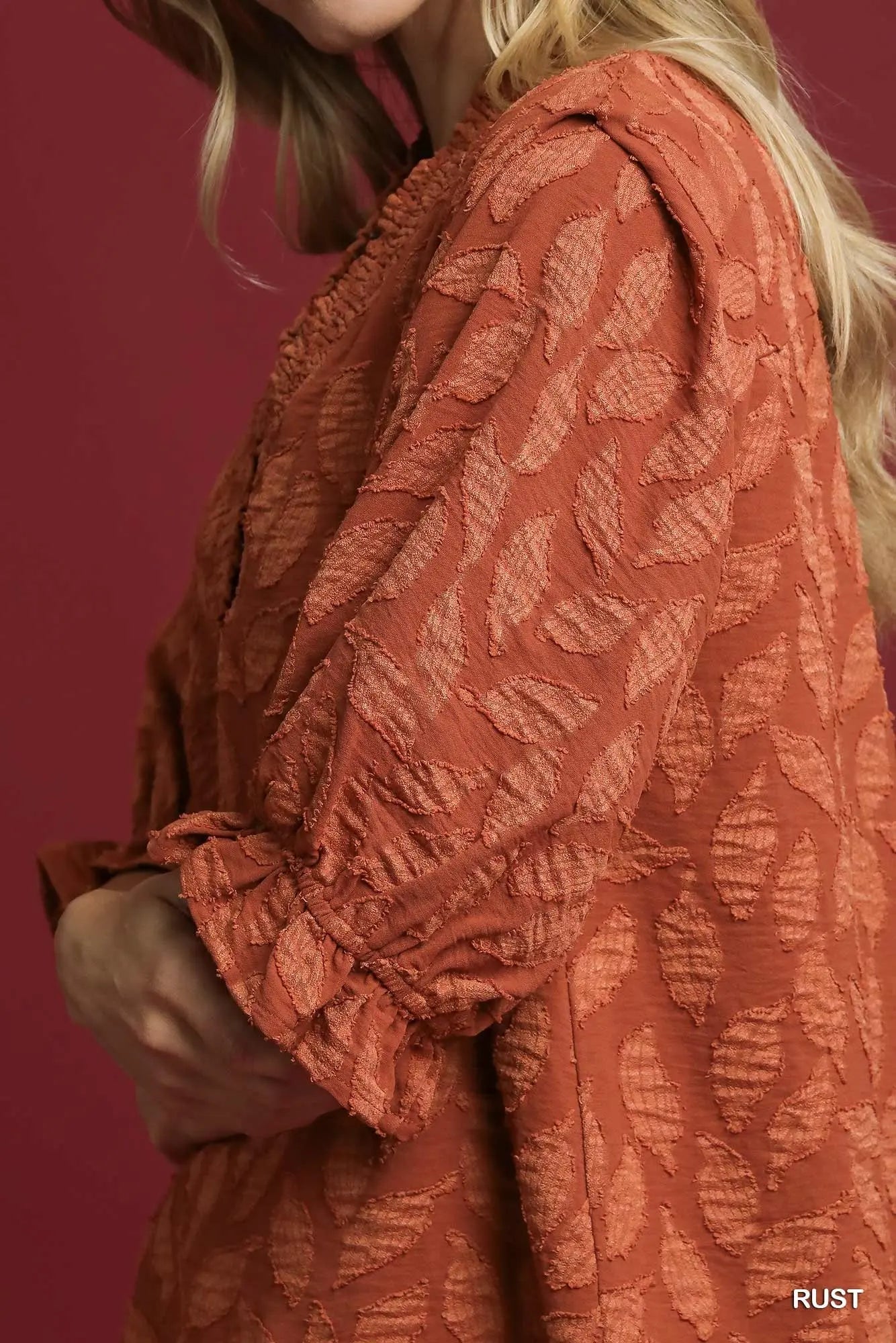 Umgee Floral Jacquard V-Neck Top - rust