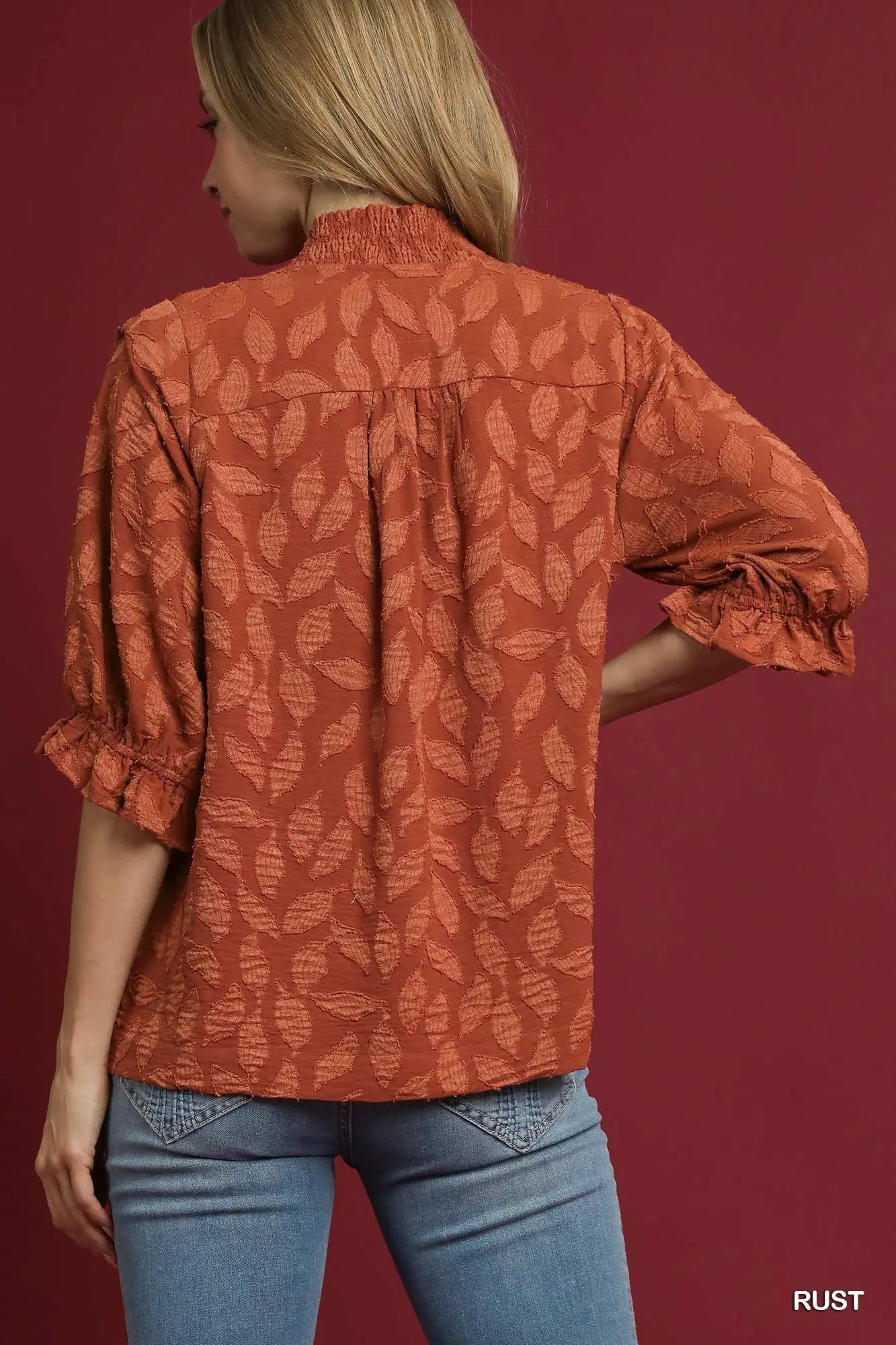 Umgee Floral Jacquard V-Neck Top - rust