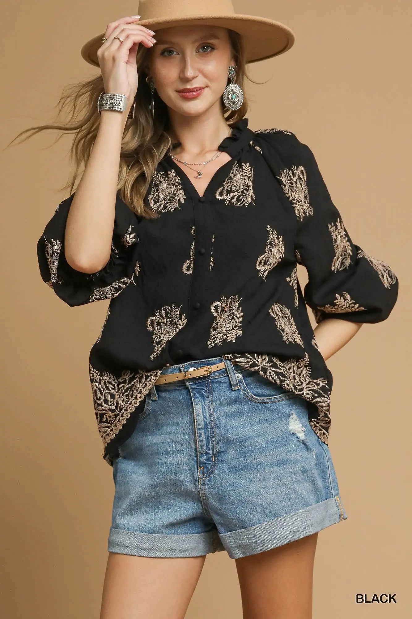 Umgee Embroidered Boho Blouse with Balloon Sleeves - Black