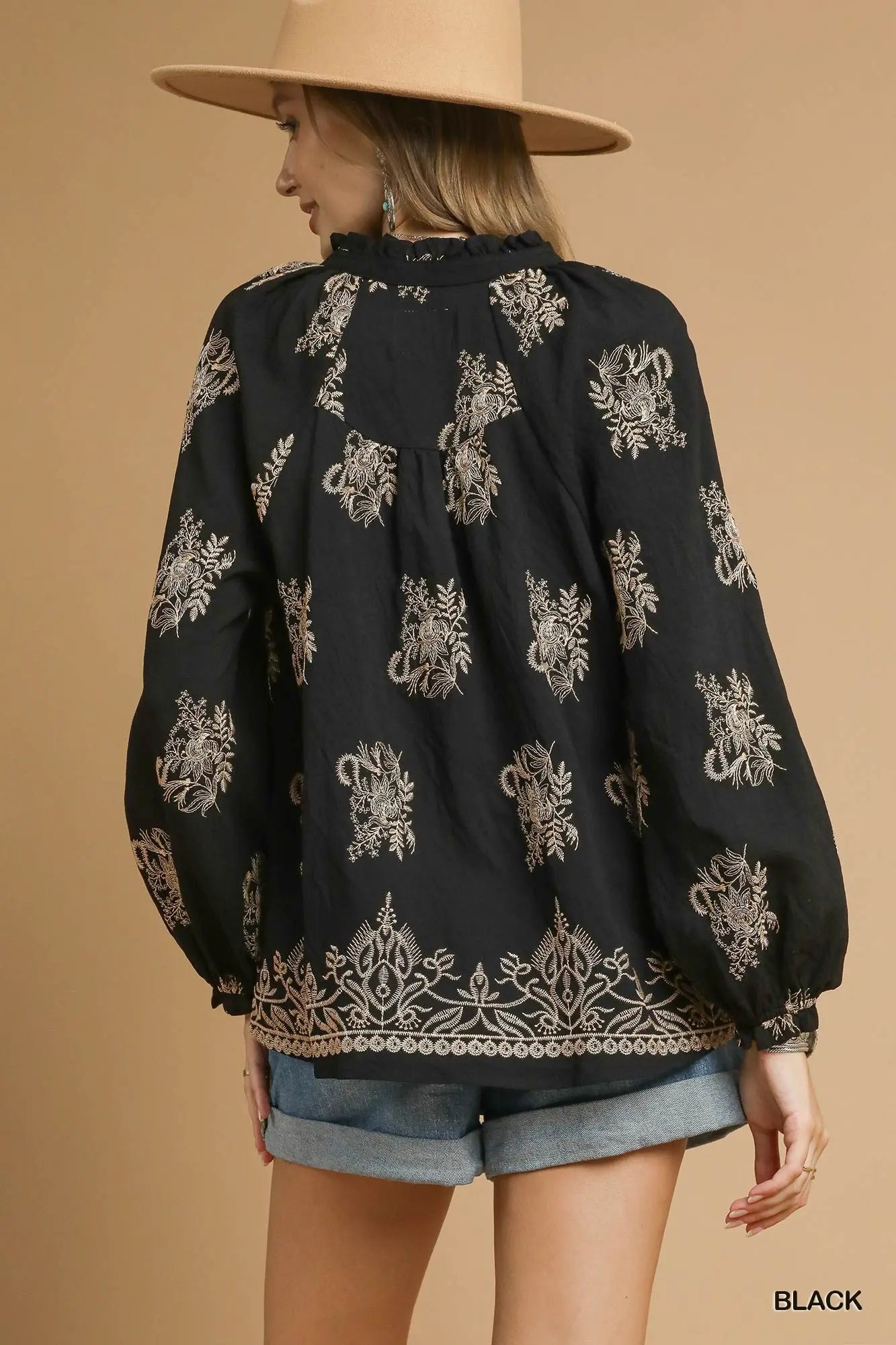 Umgee Embroidered Boho Blouse with Balloon Sleeves - Black