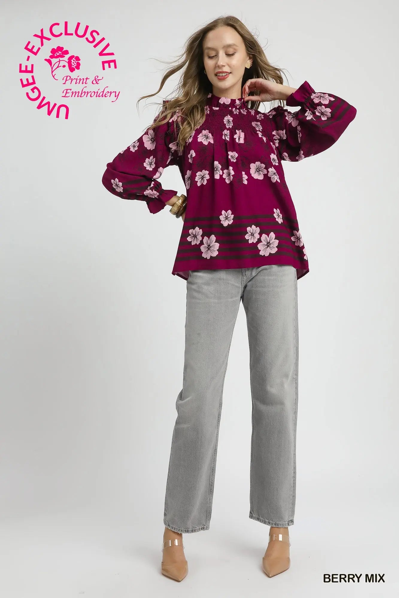 Umgee Mix Floral Smocked Ruffle Blouse