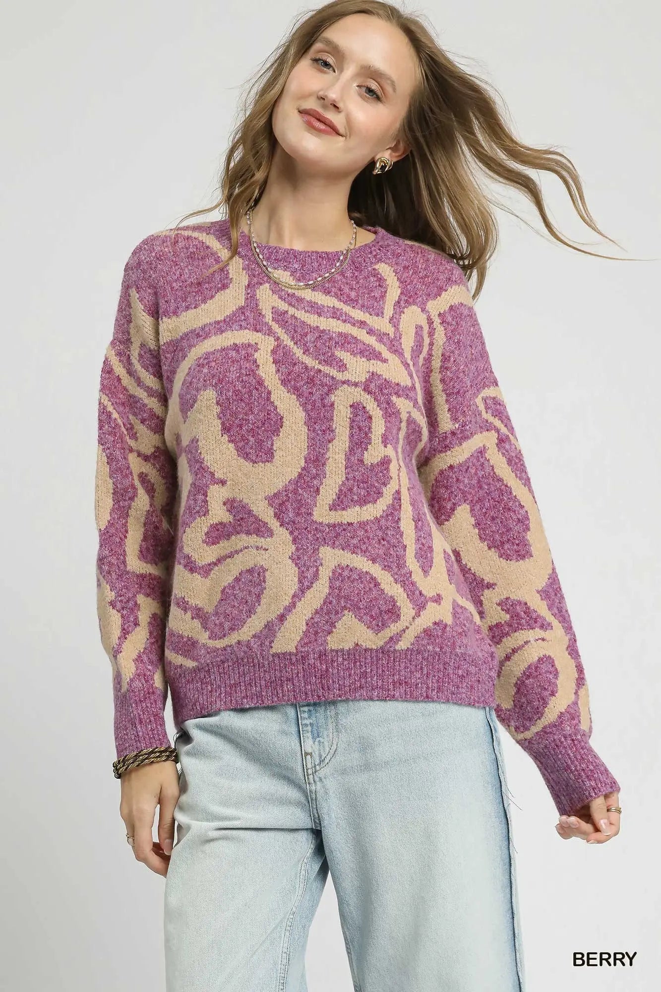 Umgee Heart Print Crew Neck Sweater