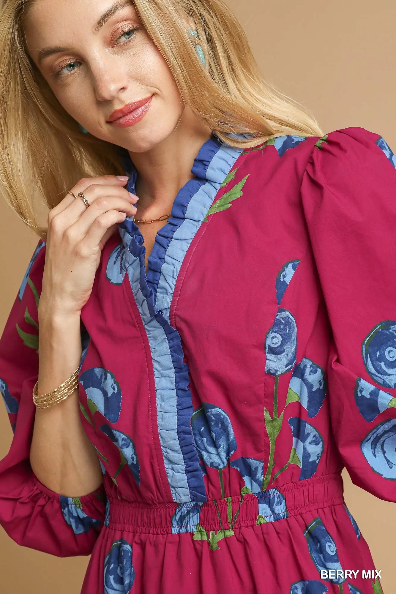 Umgee Floral Midi Dress with Ruffle Trim and Elastic Waist