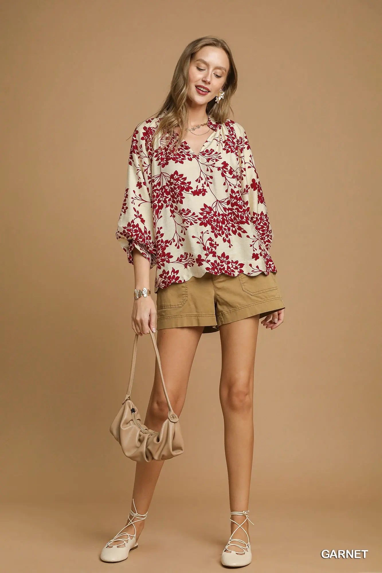 Umgee Cherry Blossom Print Scalloped Hem Blouse S - 2X