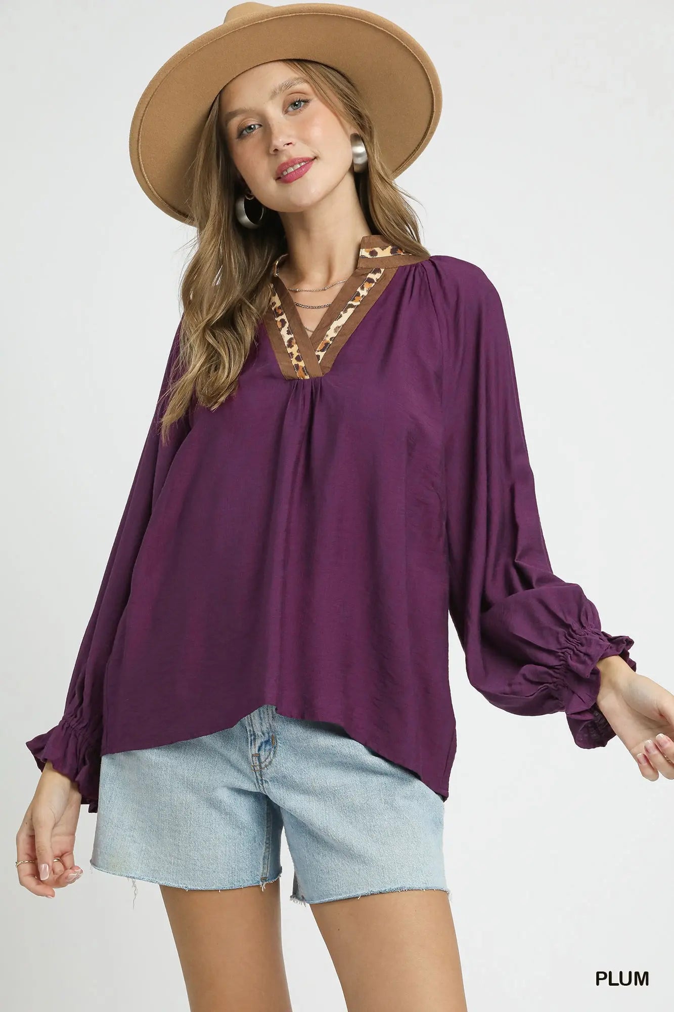 Umgee Leopard Trim V-neck Blouse - Plum