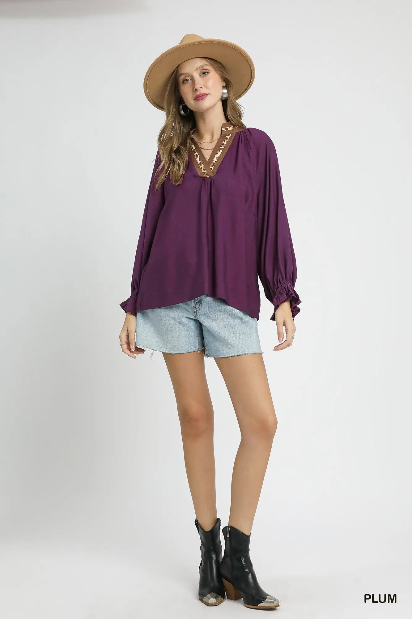 Umgee Leopard Trim V-neck Blouse - Plum