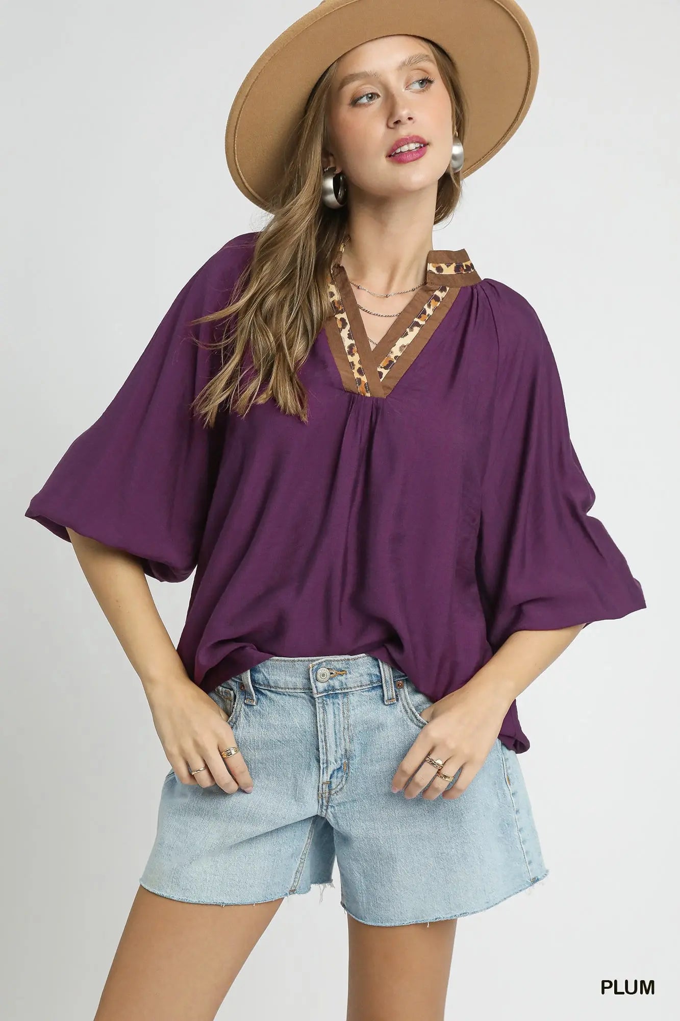 Umgee Leopard Trim V-neck Blouse - Plum
