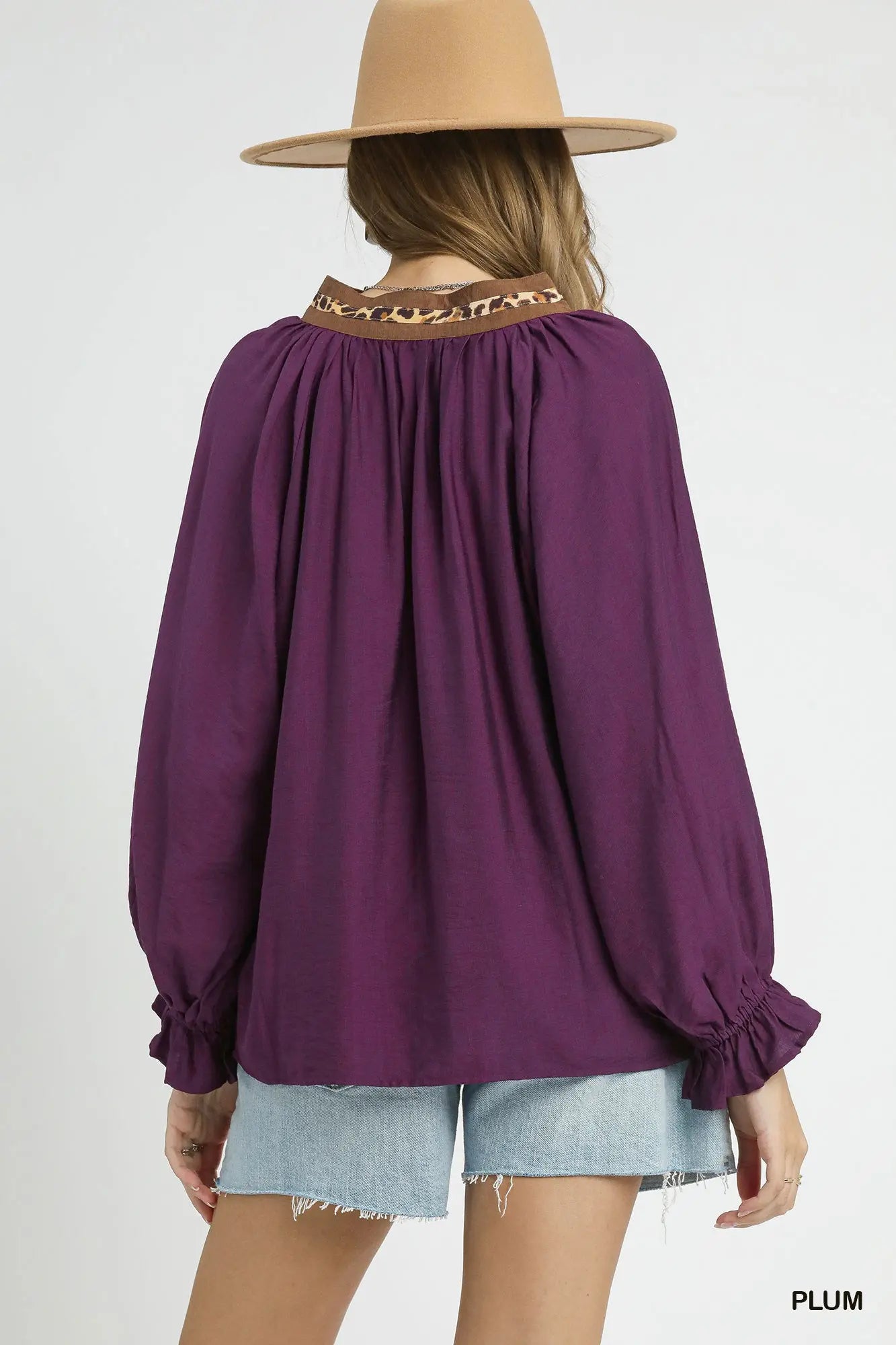 Umgee Leopard Trim V-neck Blouse - Plum