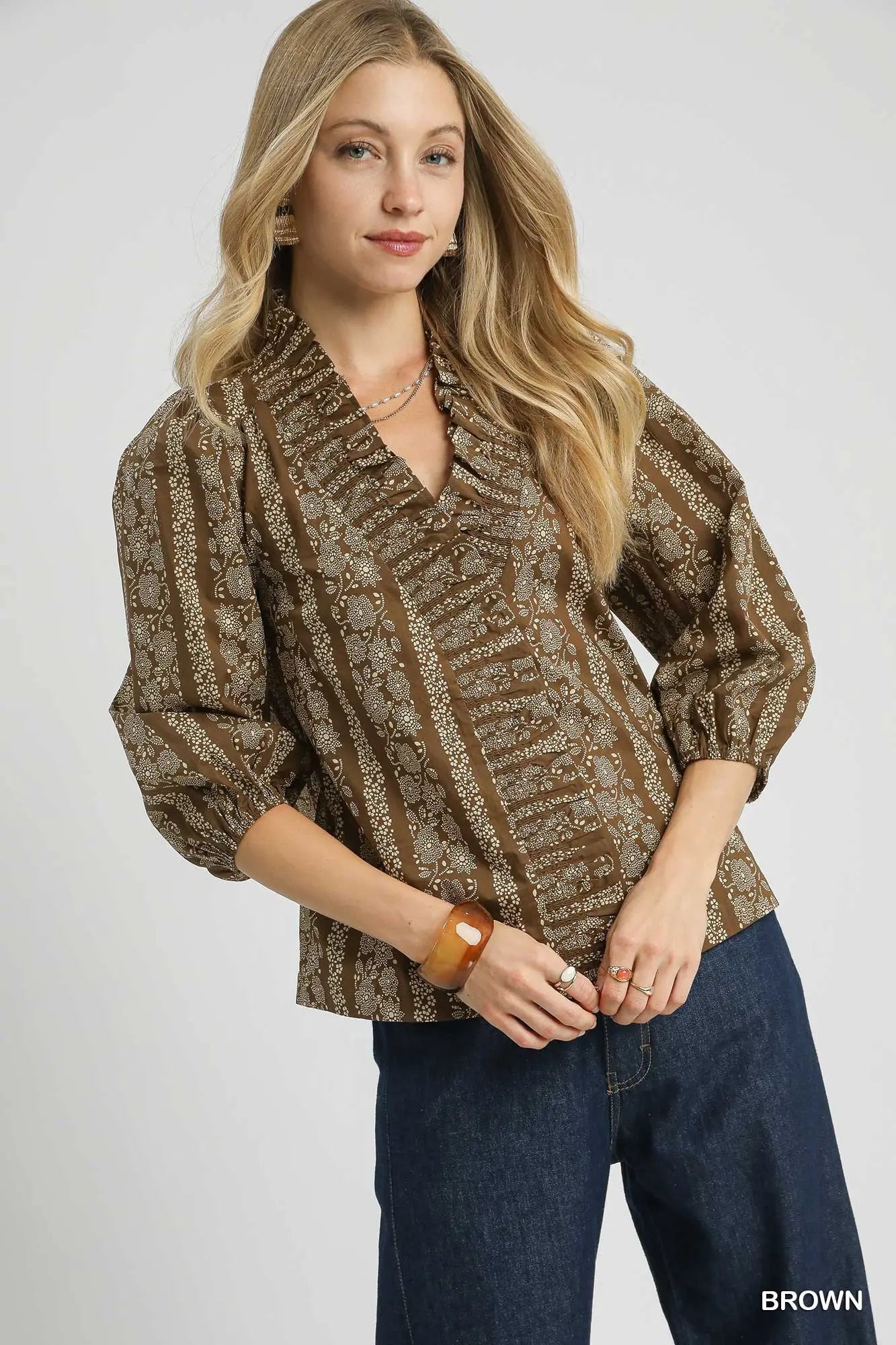 Umgee Abstract Print Ruffle Front Blouse