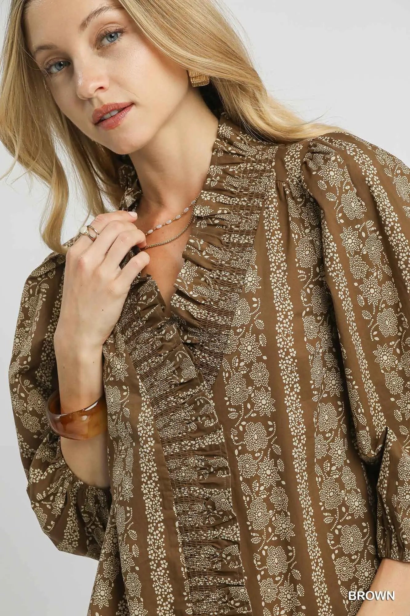 Umgee Abstract Print Ruffle Front Blouse