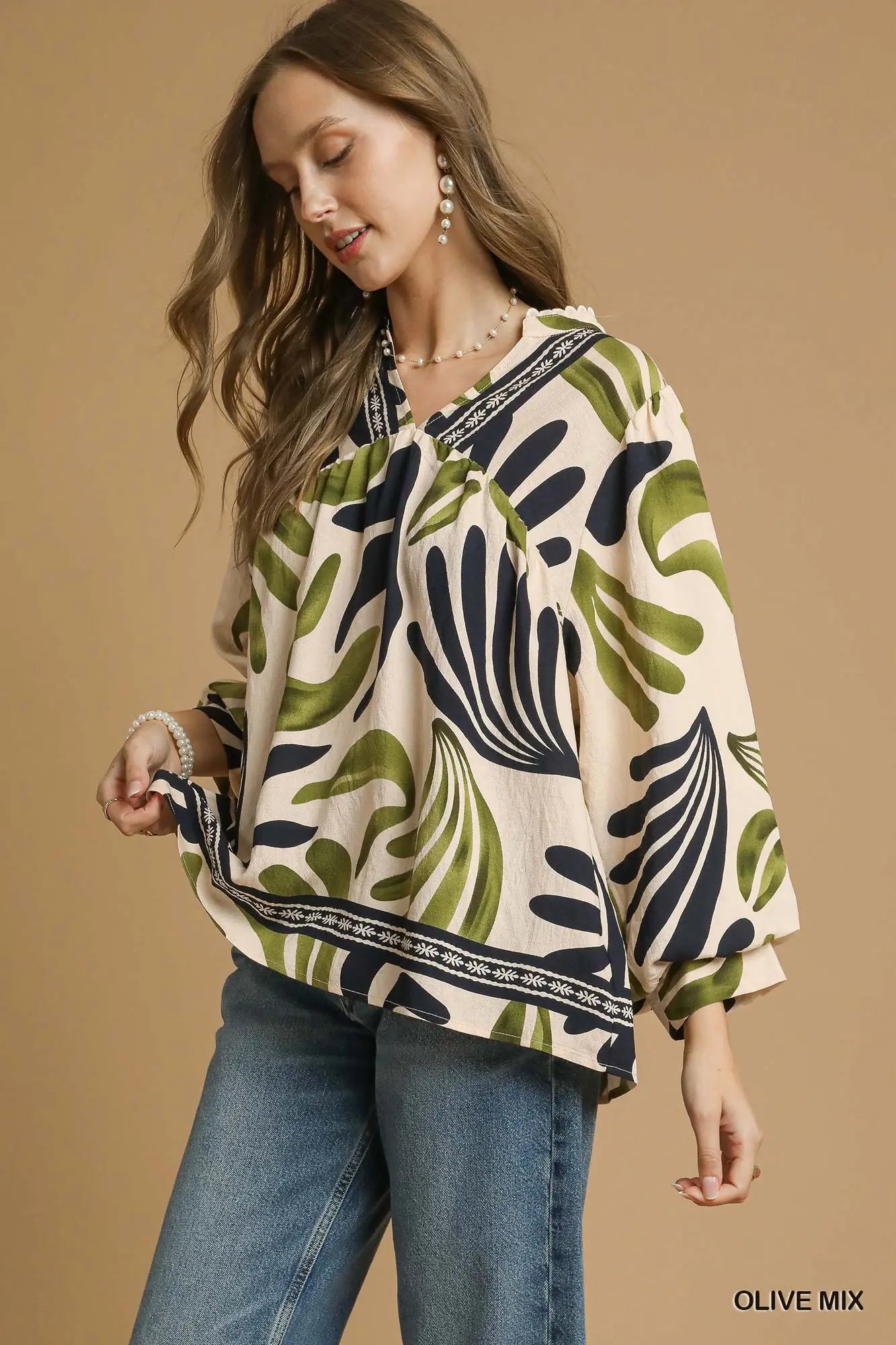 Umgee Boho Print Leaf Blouse - Olive