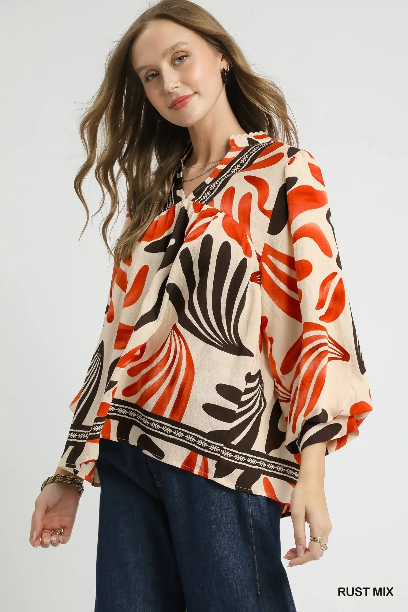 Umgee Boho Print Leaf Blouse - Rust
