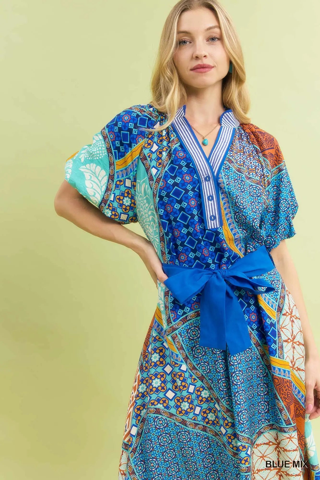 Umgee Mix Patchwork Print Midi Dress with Tie Waist - 2 Colors